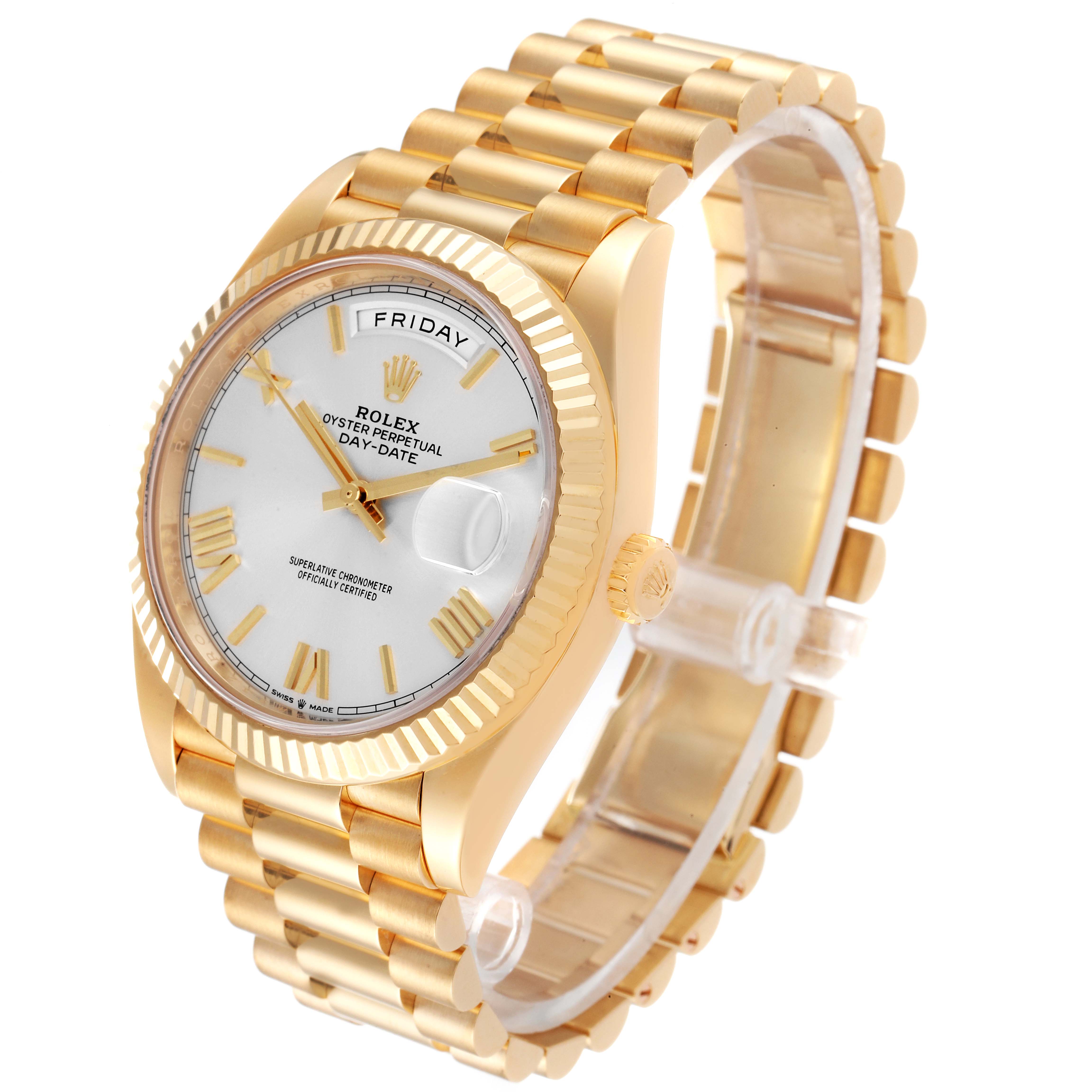 The image shows a Rolex President 218238 Men's Yellow Gold Silver Dial 218238 Men's Yellow Gold Silver Dial model watch at a three-quarter angle, displaying the face, bezel, crown, and bracelet.