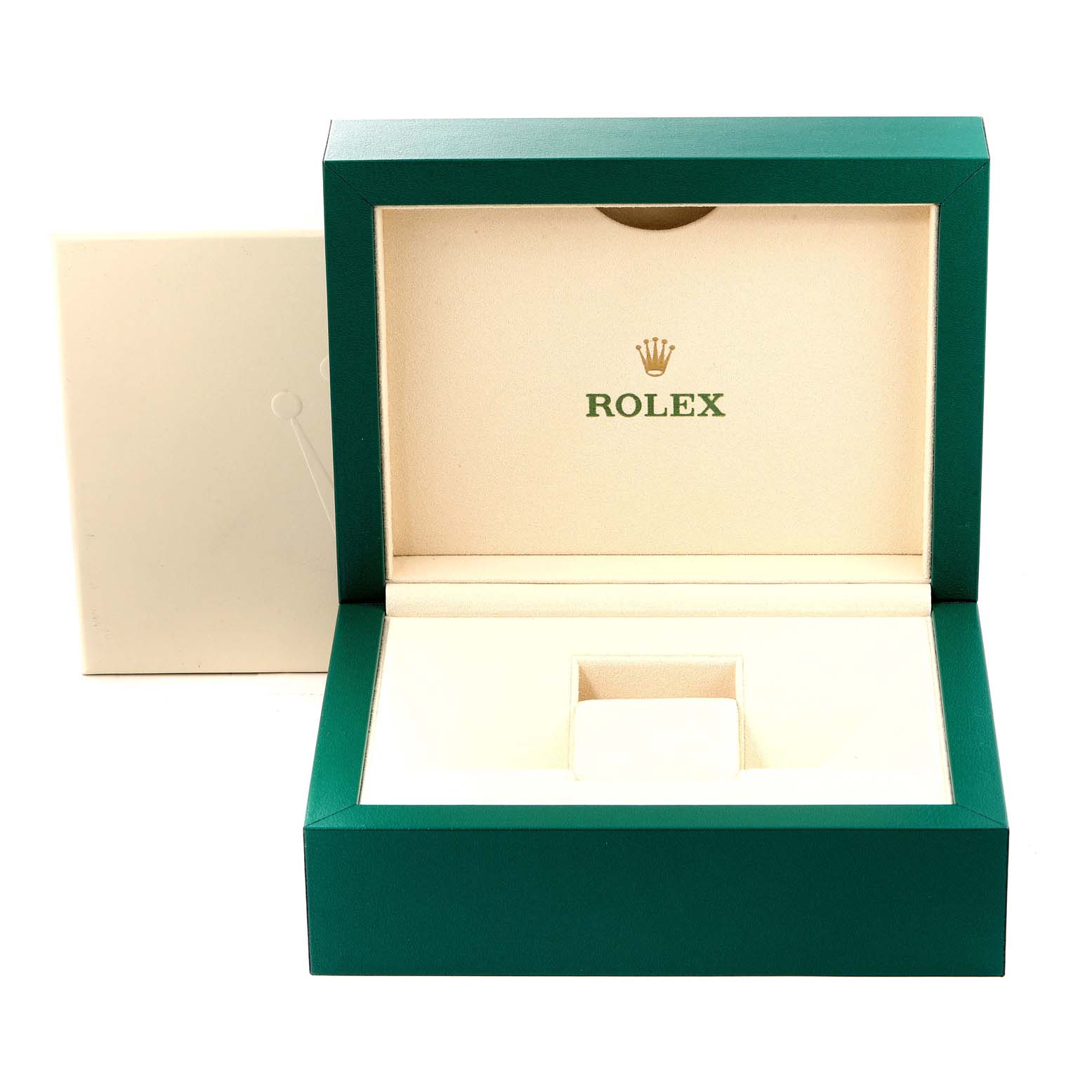 The image shows an open green and beige Rolex watch box for the President model, with the Rolex logo visible inside.