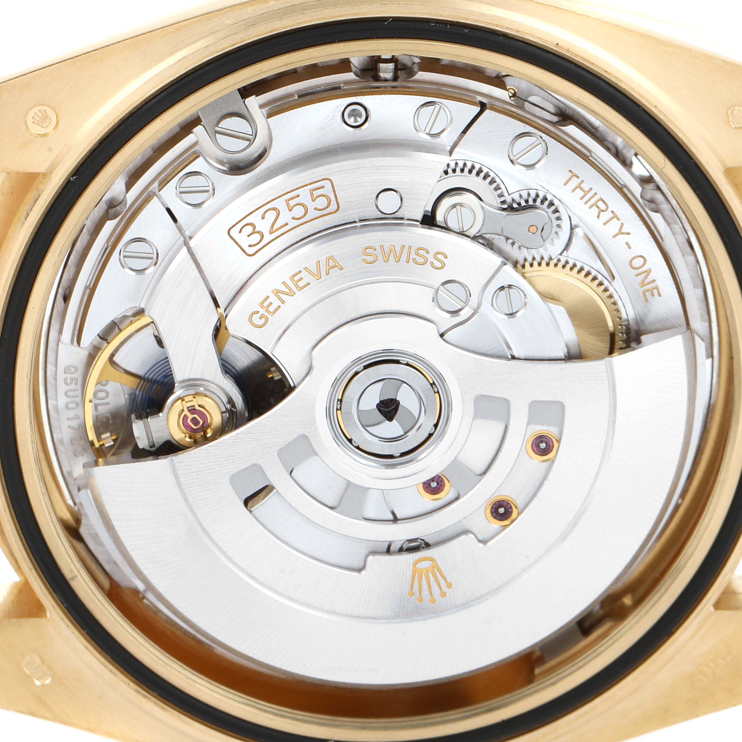 This image shows the internal movement mechanism of a Rolex President 218238 Men's Yellow Gold Silver Dial 218238 Men's Yellow Gold Silver Dial model from a rear, close-up angle.