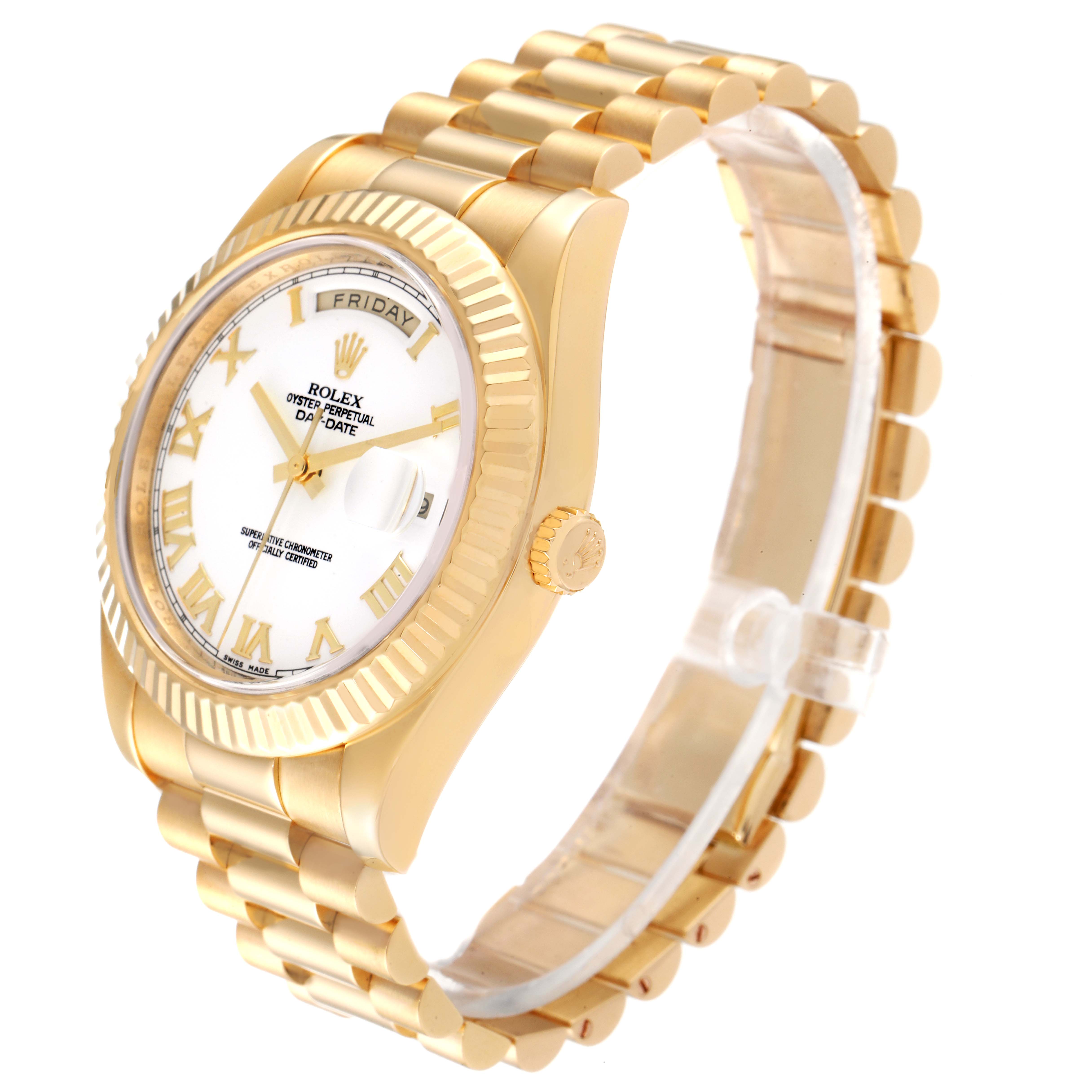 The Rolex President 218238 Men's Yellow Gold White Dial 218238 Men's Yellow Gold White Dial model watch is shown at an angled side view, displaying the bracelet, crown, and face with day and date functions.