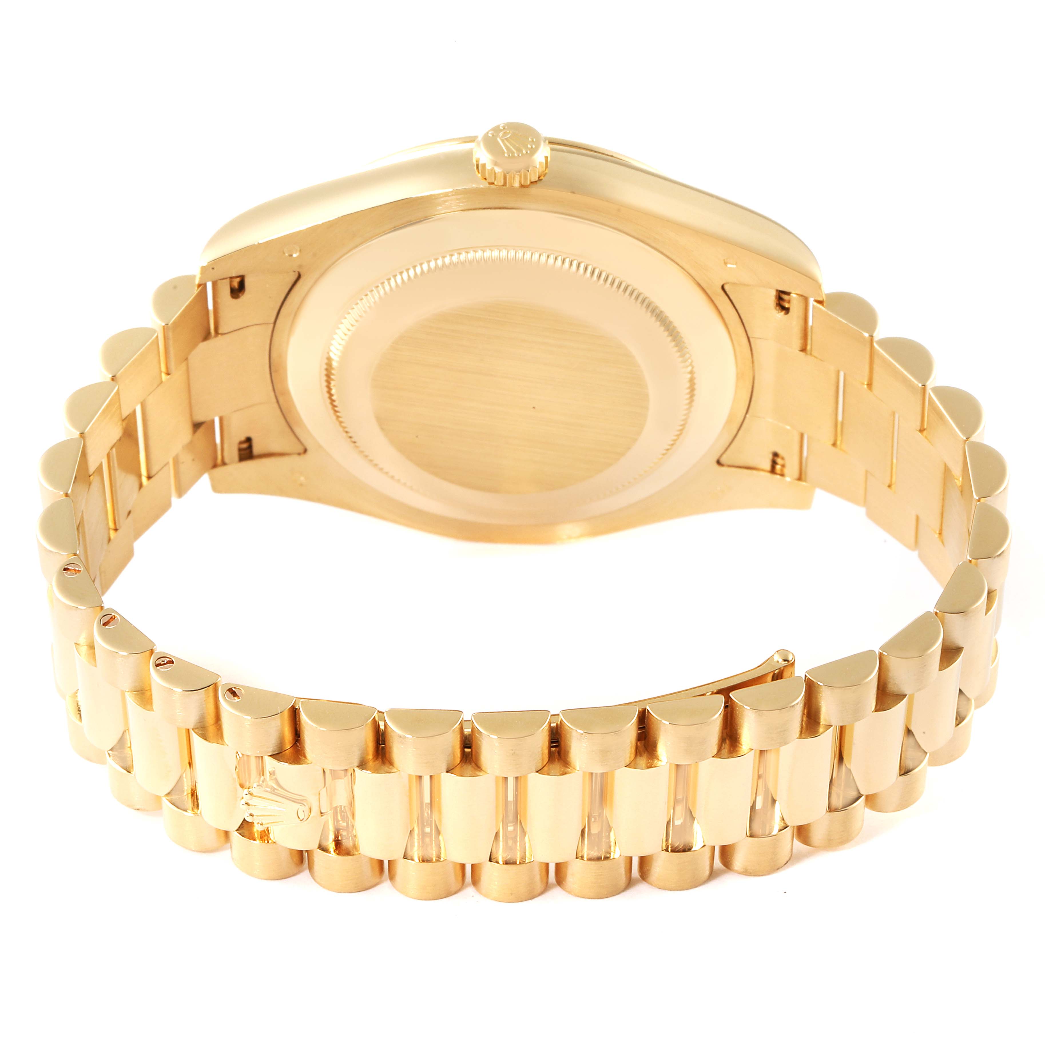 The image shows the back view of a Rolex President 218238 Men's Yellow Gold White Dial 218238 Men's Yellow Gold White Dial model watch, highlighting the case back, crown, and part of the gold bracelet.