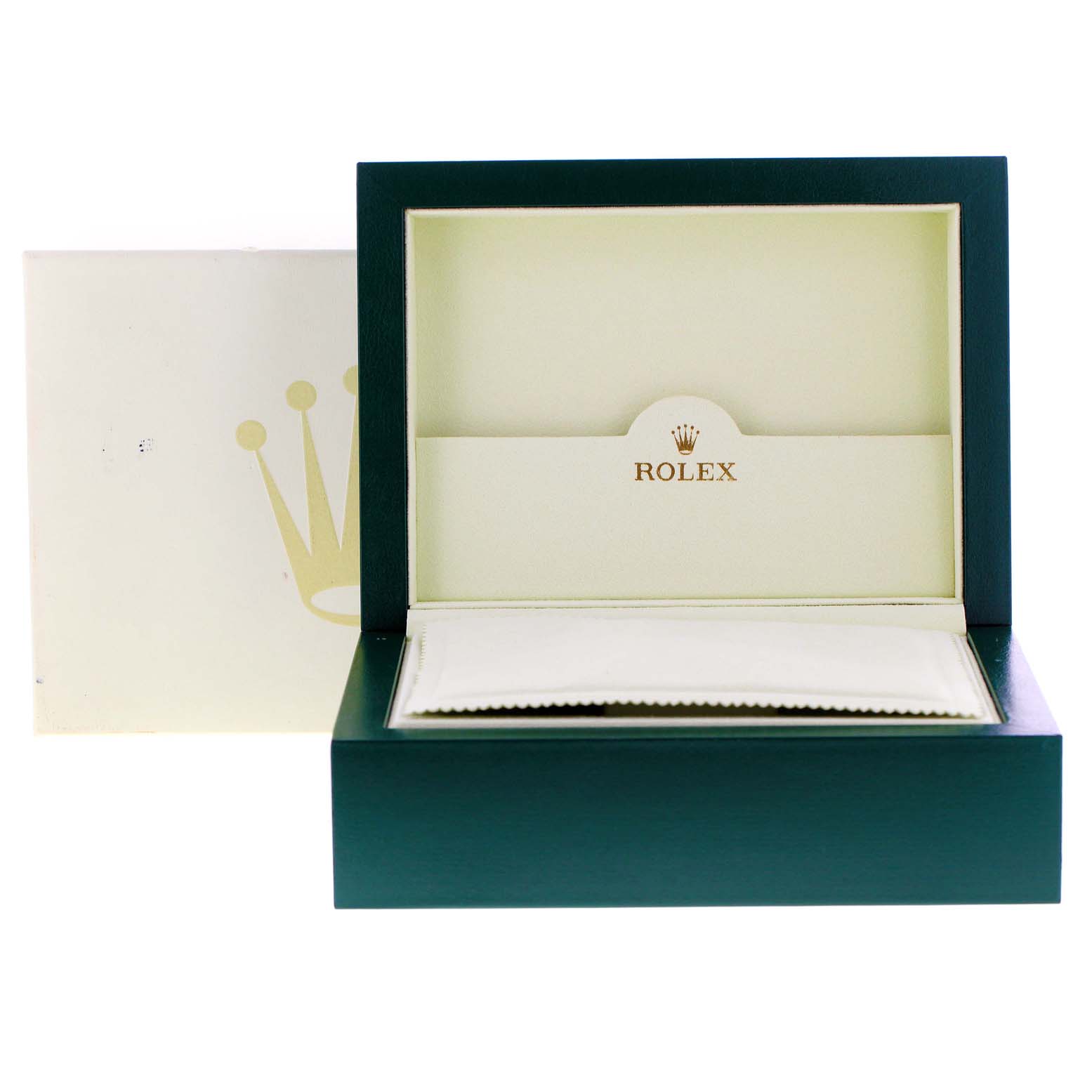 The image shows an open Rolex watch box for the President model, revealing the inner cushion and lining.