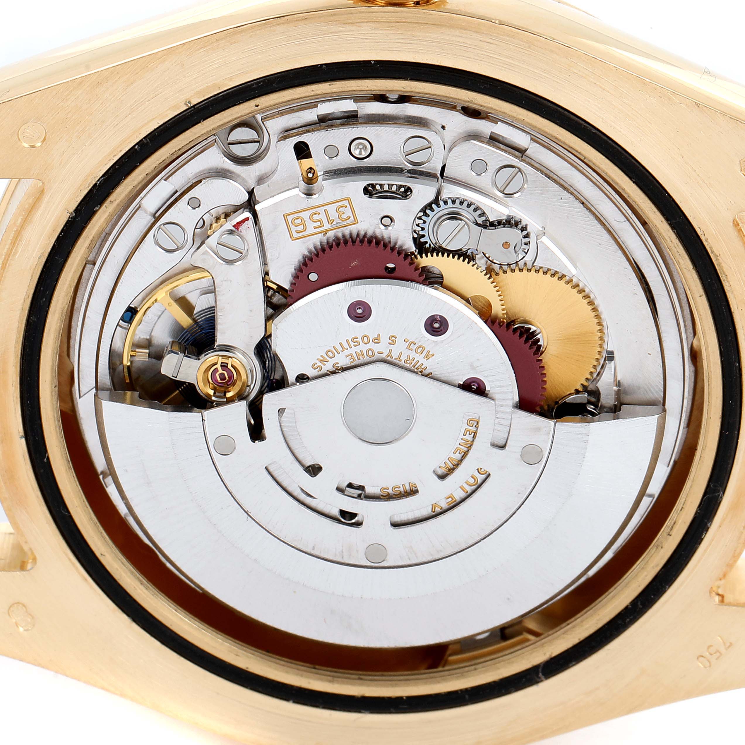This image shows a close-up view of the movement and internal mechanics of a Rolex President 218238 Men's Yellow Gold White Dial 218238 Men's Yellow Gold White Dial model watch.