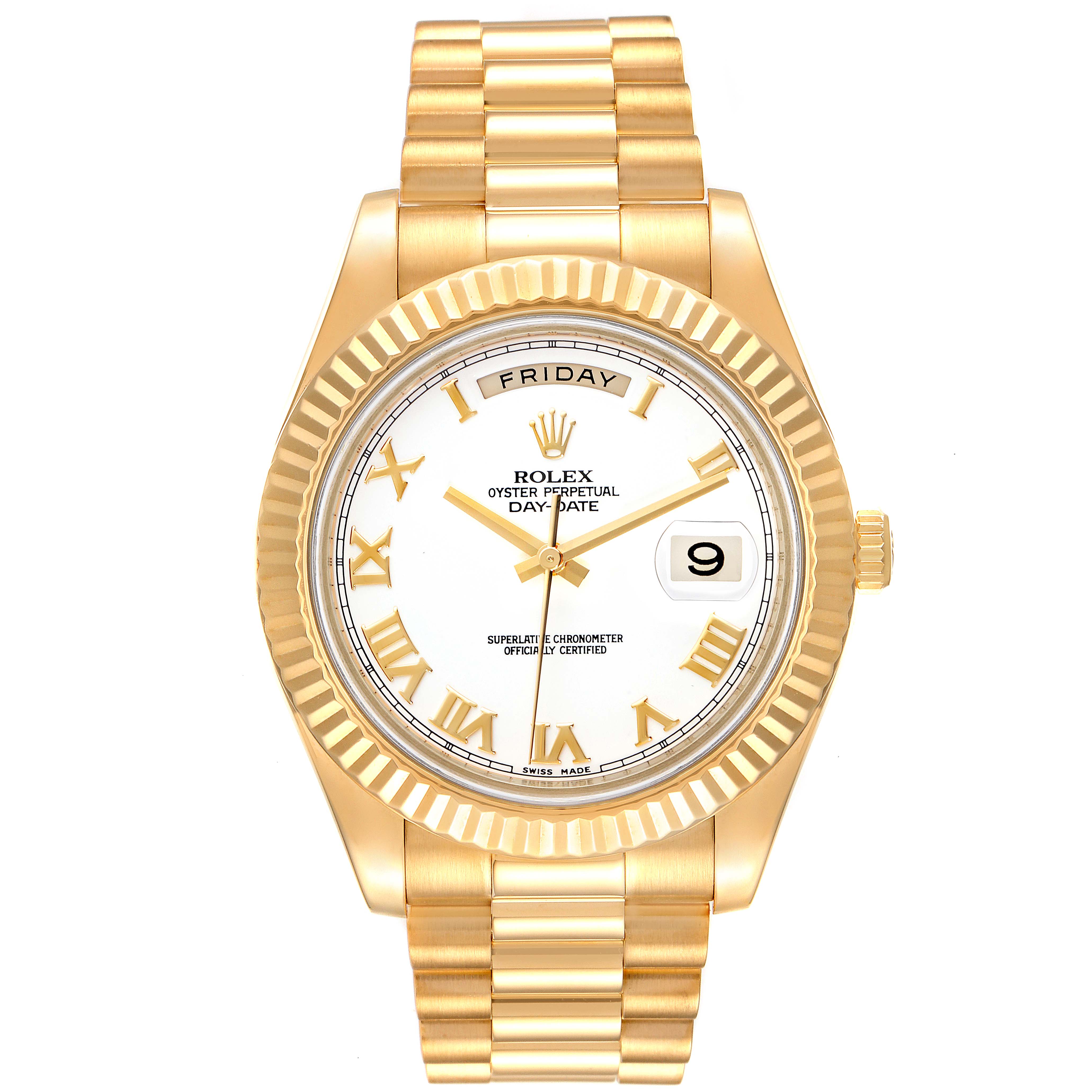 The image shows a full front view of a Rolex President 218238 Men's Yellow Gold White Dial 218238 Men's Yellow Gold White Dial model watch, highlighting its dial, bracelet, and fluted bezel.