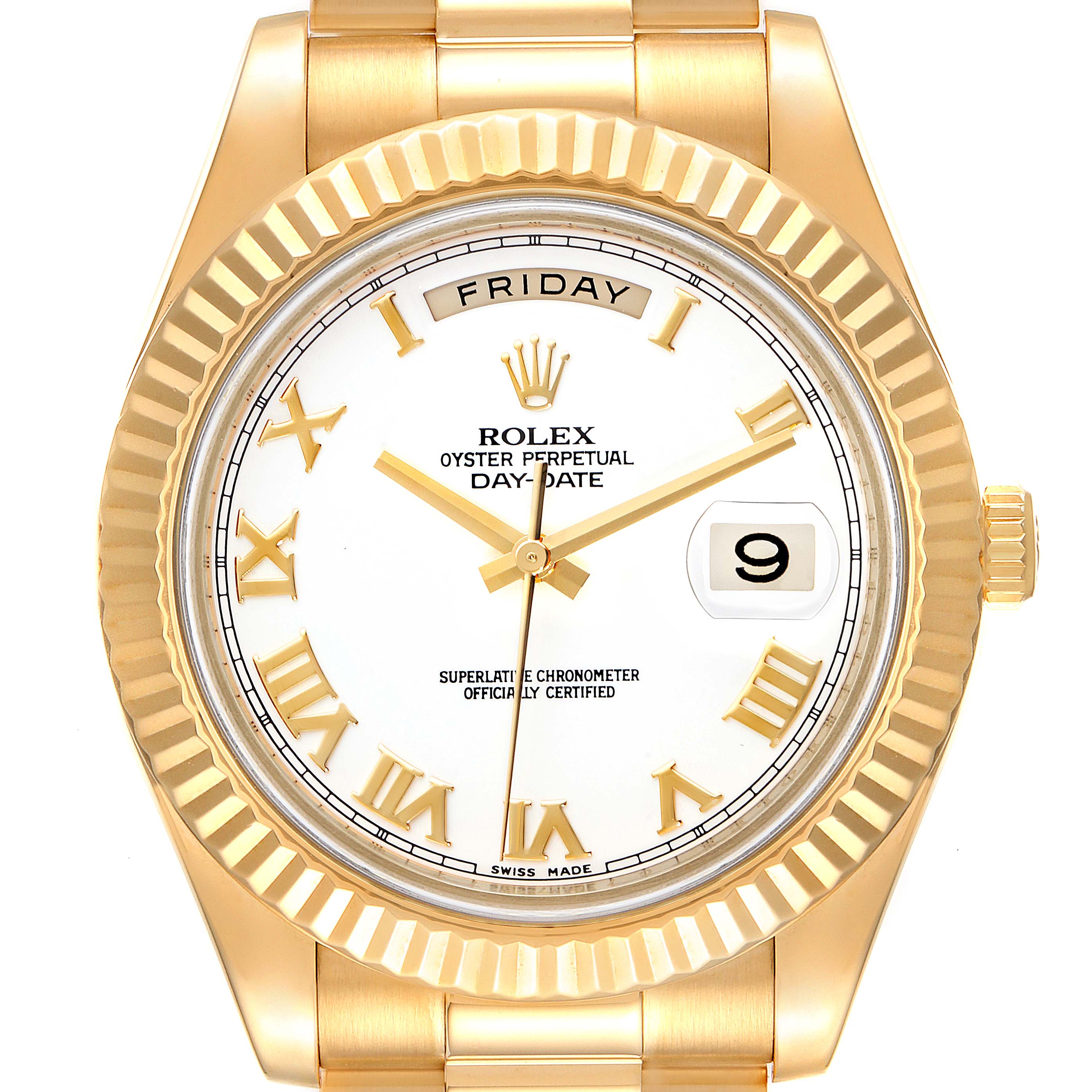 This image shows a Rolex President 218238 Men's Yellow Gold White Dial 218238 Men's Yellow Gold White Dial model watch face-on, highlighting the dial, fluted bezel, crown, and part of the bracelet.