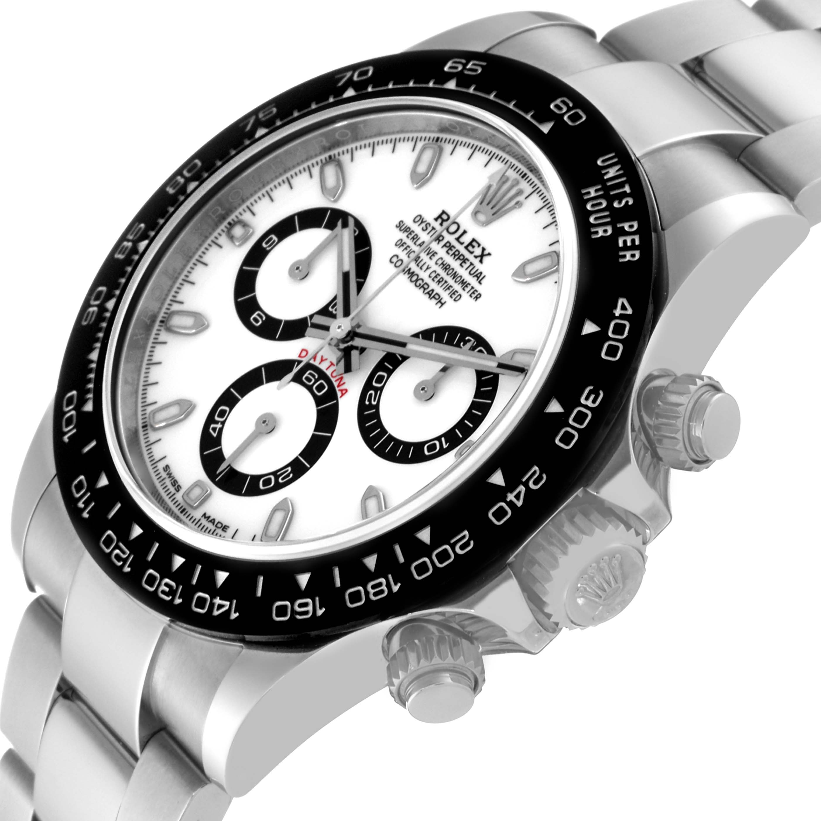 The image shows a close-up of the Rolex Daytona 116500LN Men's Stainless Steel White Dial 116500LN Men's Stainless Steel White Dial watch, highlighting the face, bezel, chronograph subdials, and crown from an angled side view.