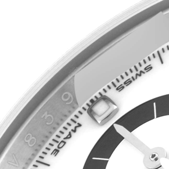 The image shows a close-up of the dial and part of the bezel of a Rolex Daytona 116500LN Men's Stainless Steel White Dial 116500LN Men's Stainless Steel White Dial model watch, highlighting the hands and "SWISS MADE" text.