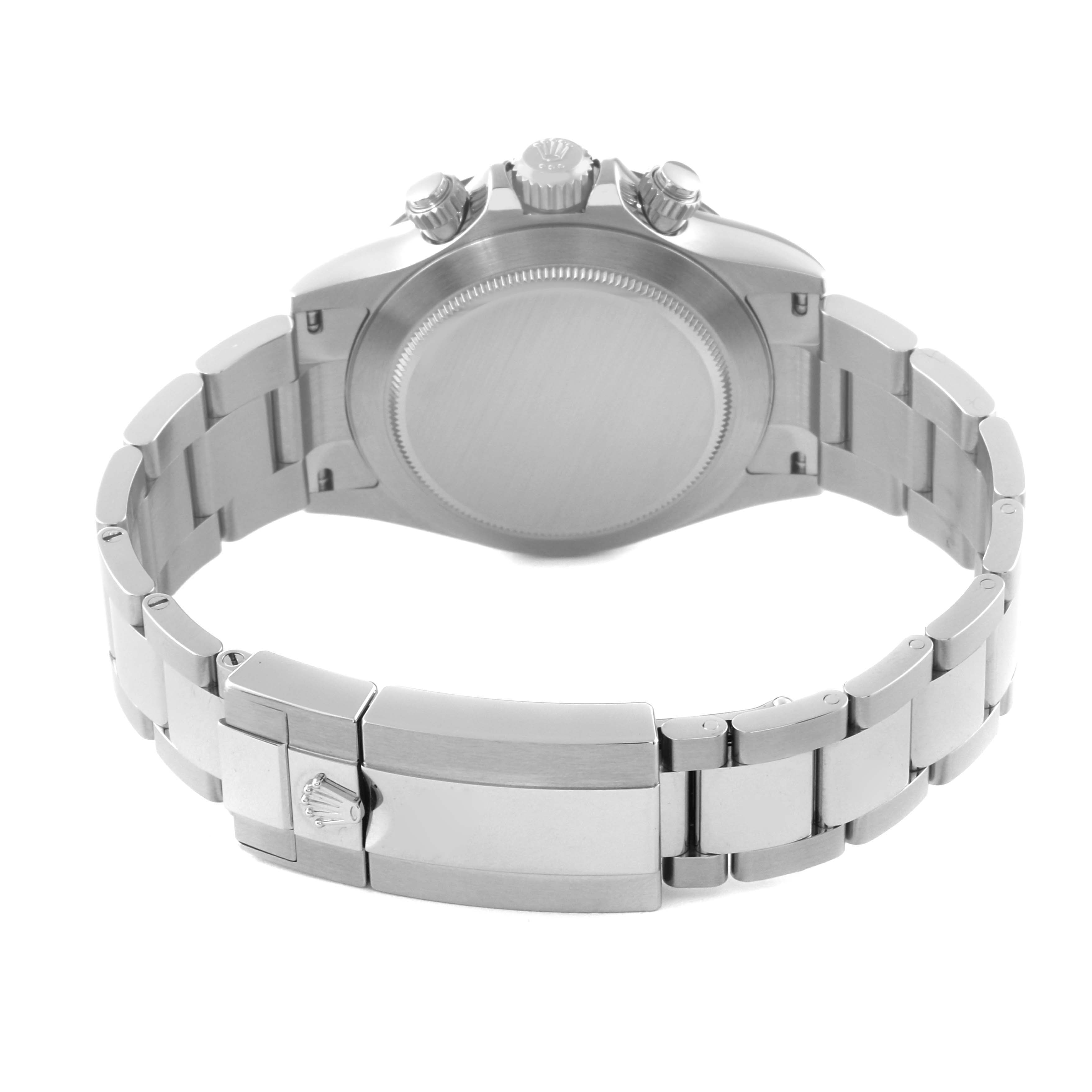 This image shows the back, bracelet, and clasp of a Rolex Daytona 116500LN Men's Stainless Steel White Dial 116500LN Men's Stainless Steel White Dial watch.