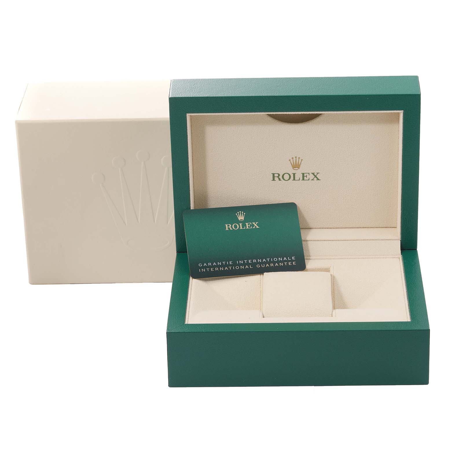 This image shows the open box and international guarantee card of a Rolex Daytona 116500LN Men's Stainless Steel White Dial 116500LN Men's Stainless Steel White Dial watch, viewed from the front.