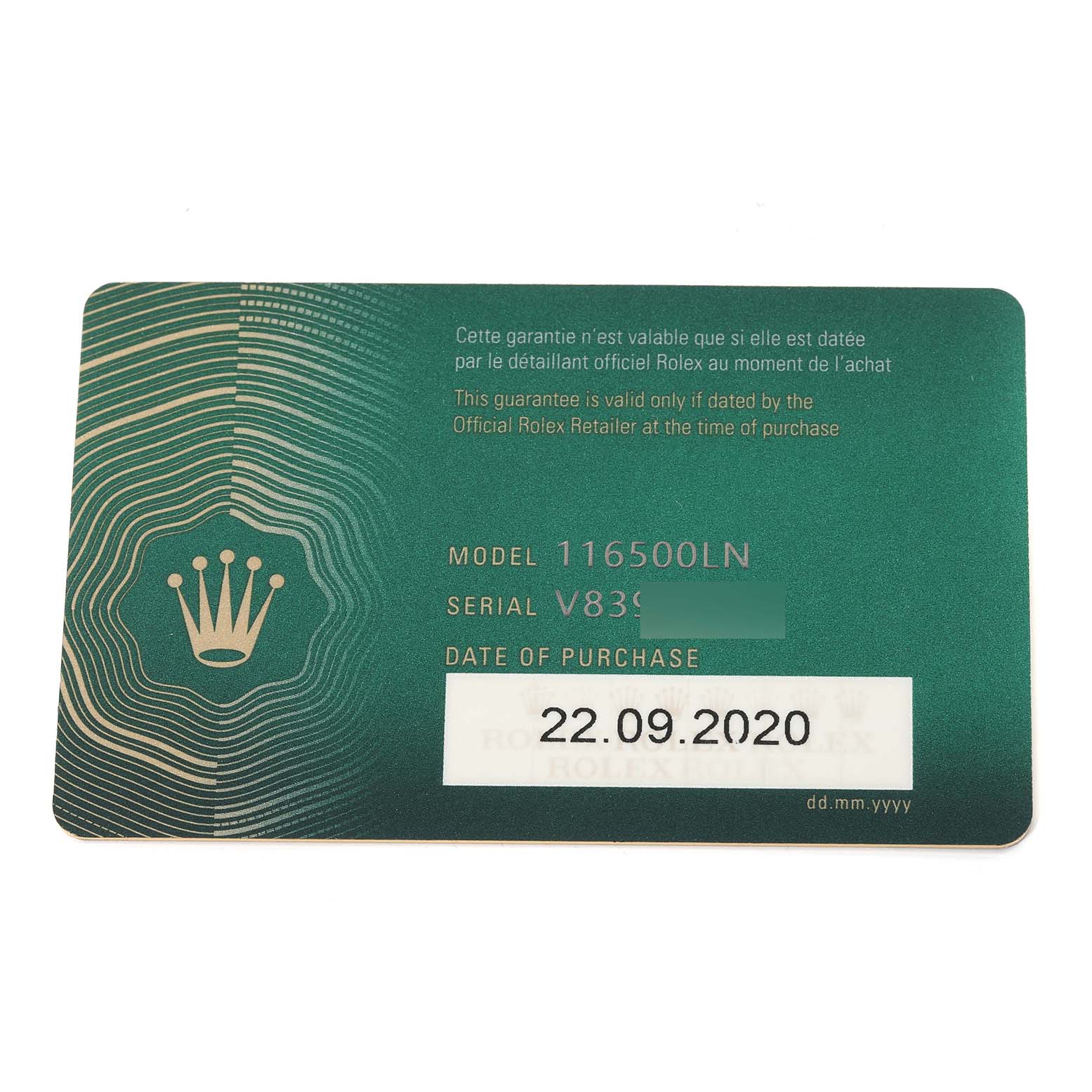The image shows a warranty card for the Rolex Daytona 116500LN Men's Stainless Steel White Dial 116500LN Men's Stainless Steel White Dial model 116500LN, dated 22.09.2020.