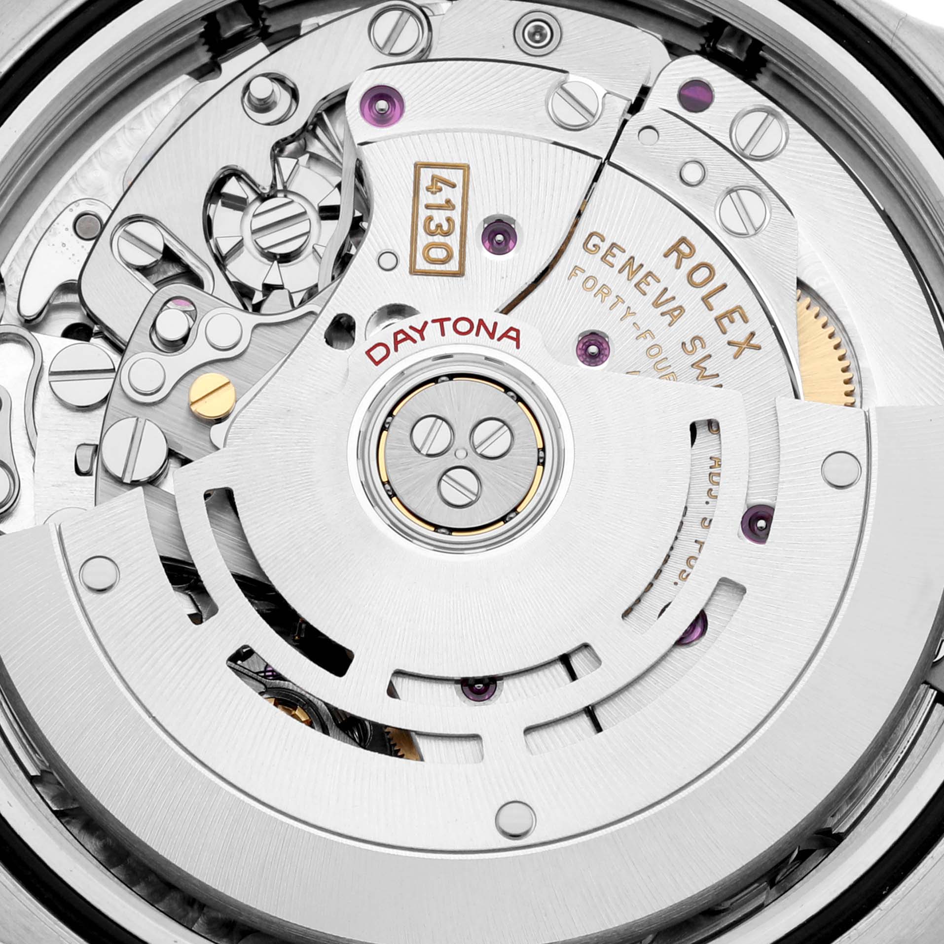 This close-up image shows the intricate inner mechanism and movement of the Rolex Daytona 116500LN Men's Stainless Steel White Dial 116500LN Men's Stainless Steel White Dial watch.