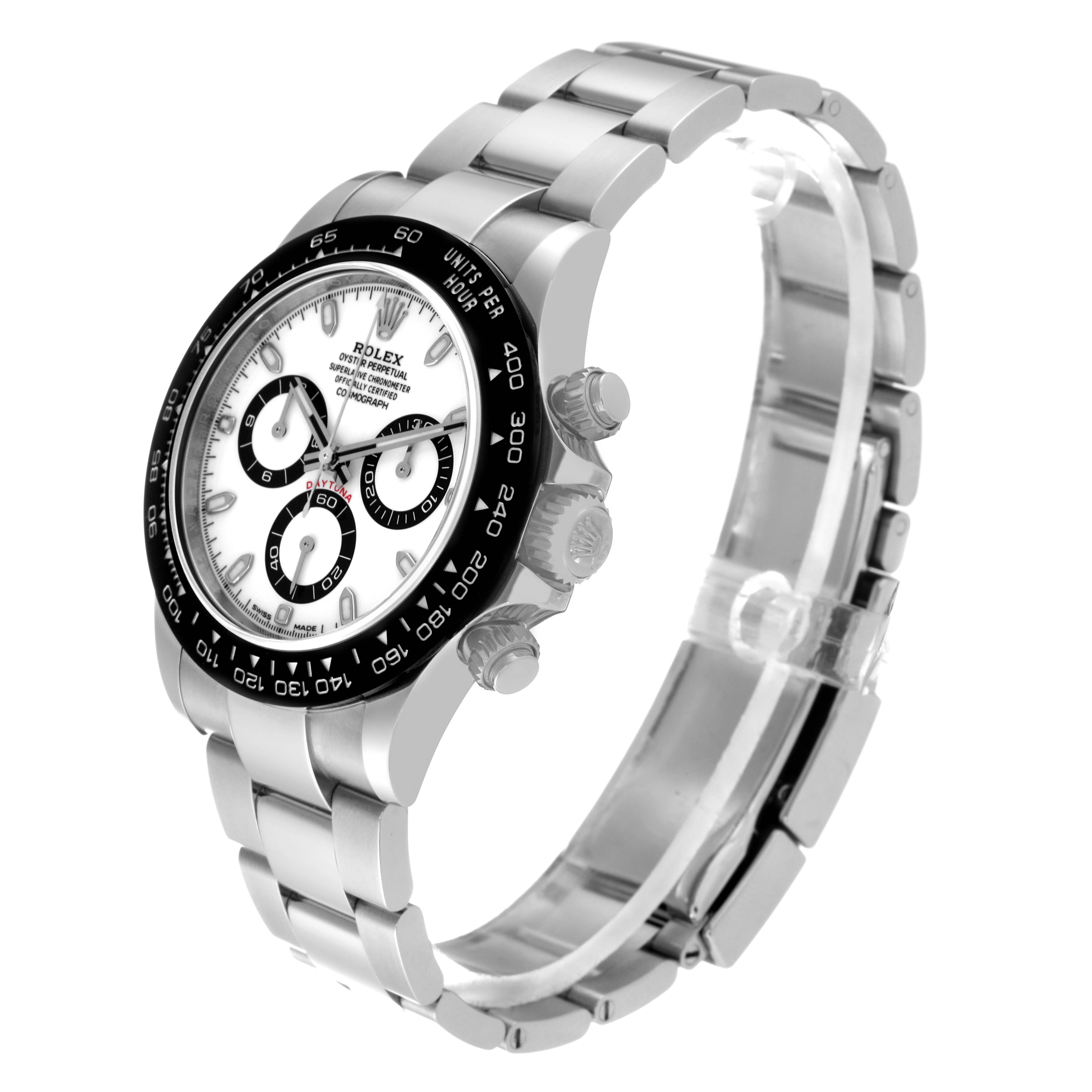 The image shows a side angle of a Rolex Daytona 116500LN Men's Stainless Steel White Dial 116500LN Men's Stainless Steel White Dial watch, highlighting its face, bezel, and bracelet.