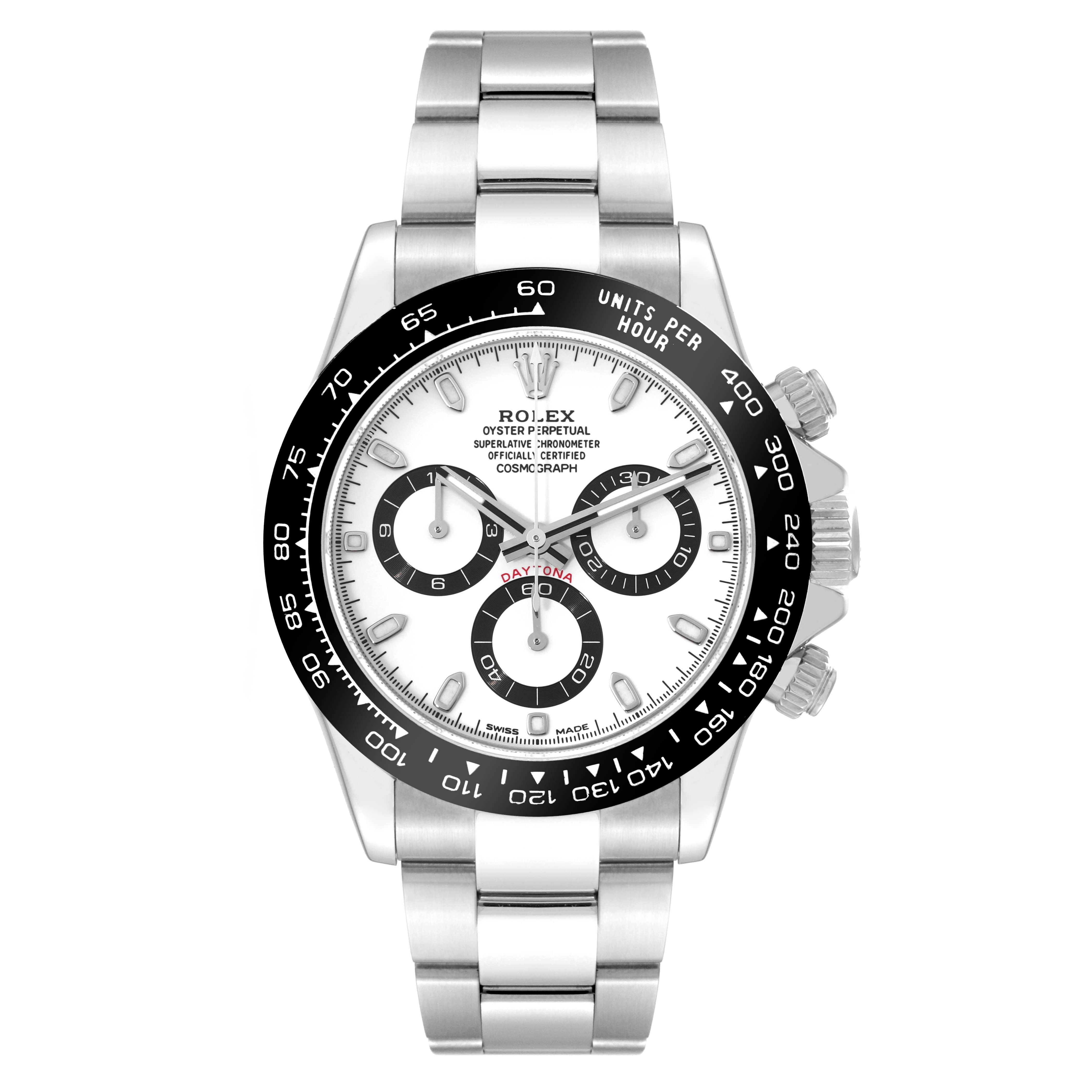 The image shows a front-facing view of the Rolex Daytona 116500LN-0001 Men's Stainless Steel White Dial 116500LN-0001 Men's Stainless Steel White Dial watch, highlighting its dial, bezel, and bracelet.