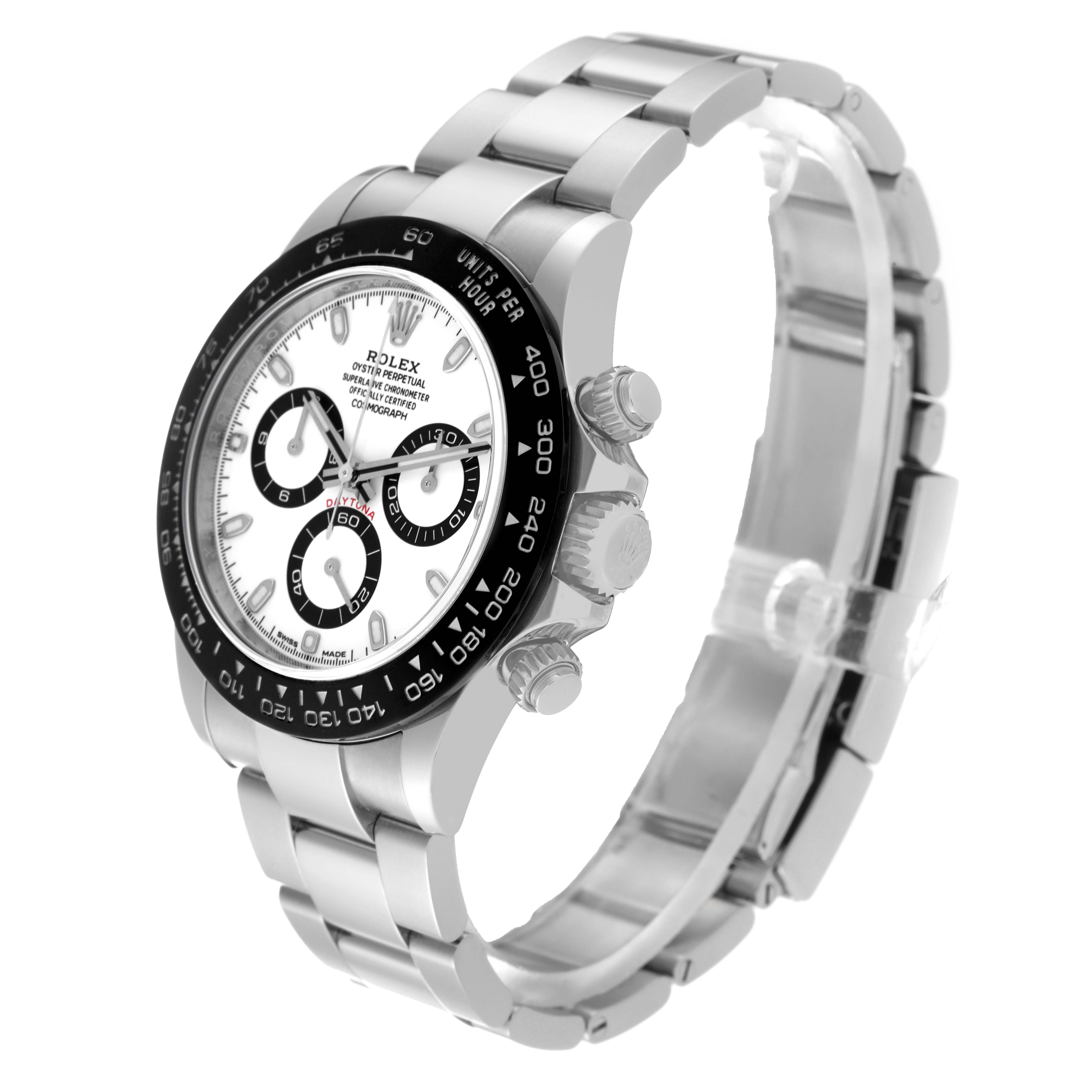 This image shows a side and front angle of a Rolex Daytona 116500LN-0001 Men's Stainless Steel White Dial 116500LN-0001 Men's Stainless Steel White Dial watch, highlighting the dial, bezel, crown, and bracelet.