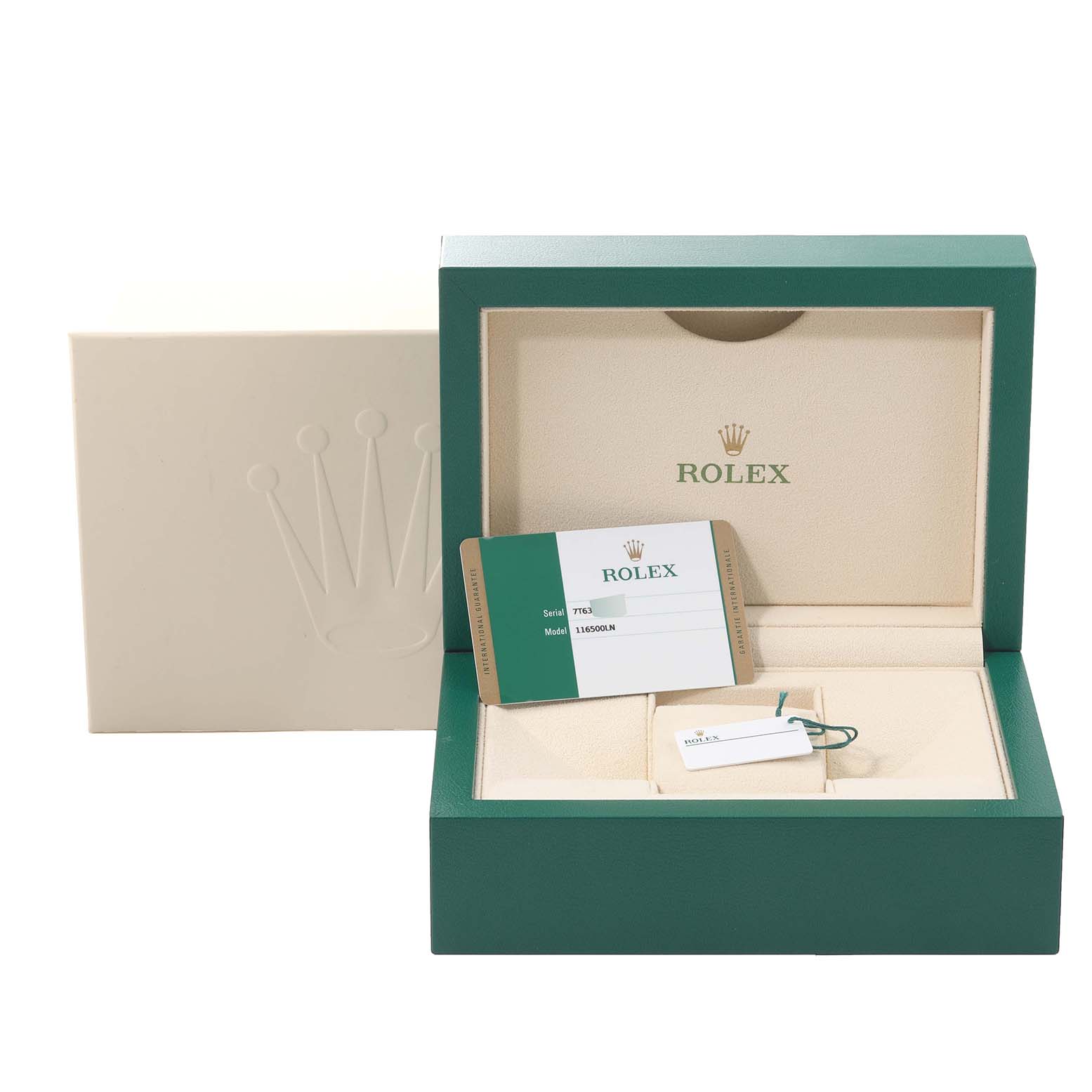The image shows the packaging and accessories for a Rolex Daytona 116500LN-0001 Men's Stainless Steel White Dial 116500LN-0001 Men's Stainless Steel White Dial watch, including the watch box, warranty card, and tag.