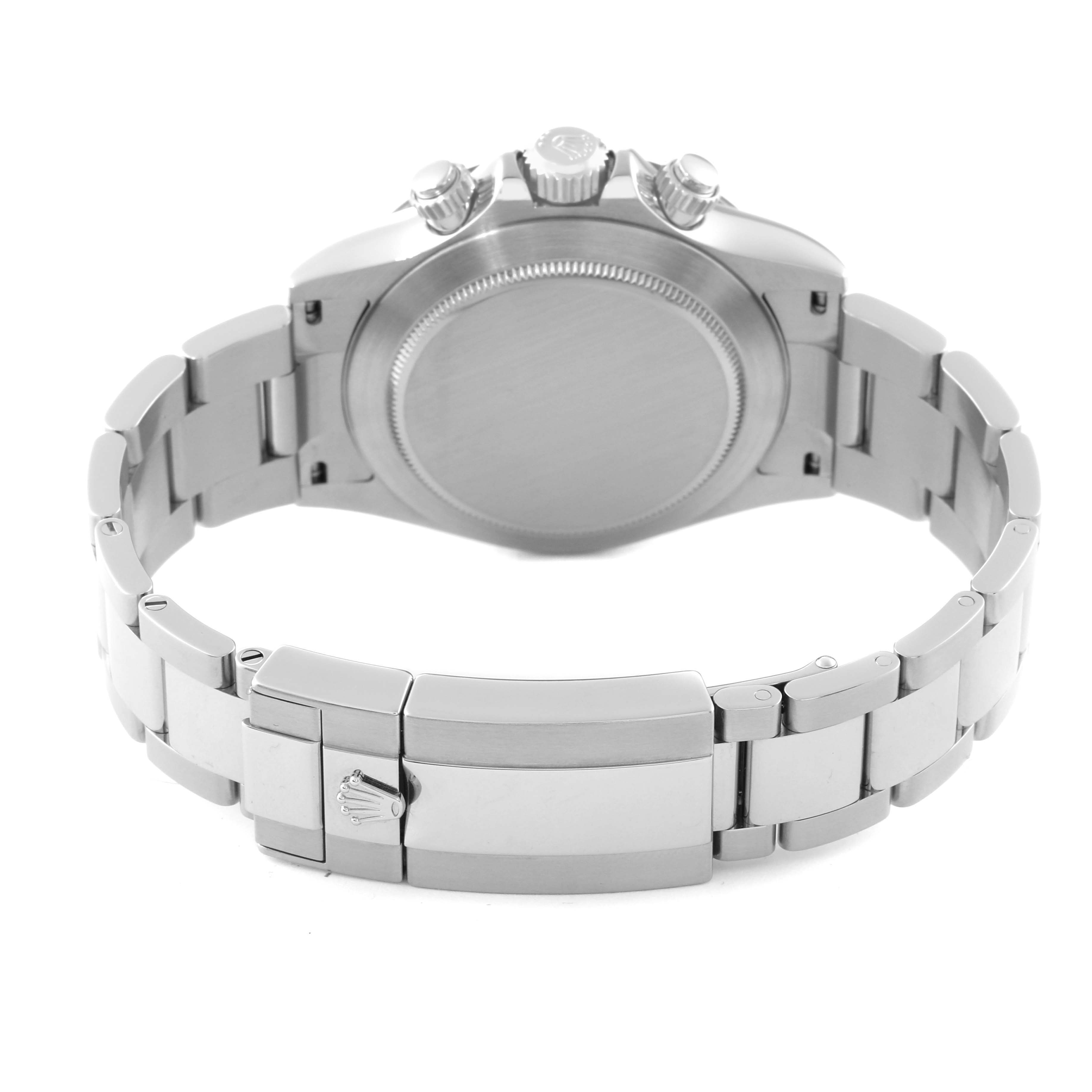 This image shows the back of the Rolex Daytona 116500LN-0001 Men's Stainless Steel White Dial 116500LN-0001 Men's Stainless Steel White Dial watch, highlighting the case and bracelet with the clasp.