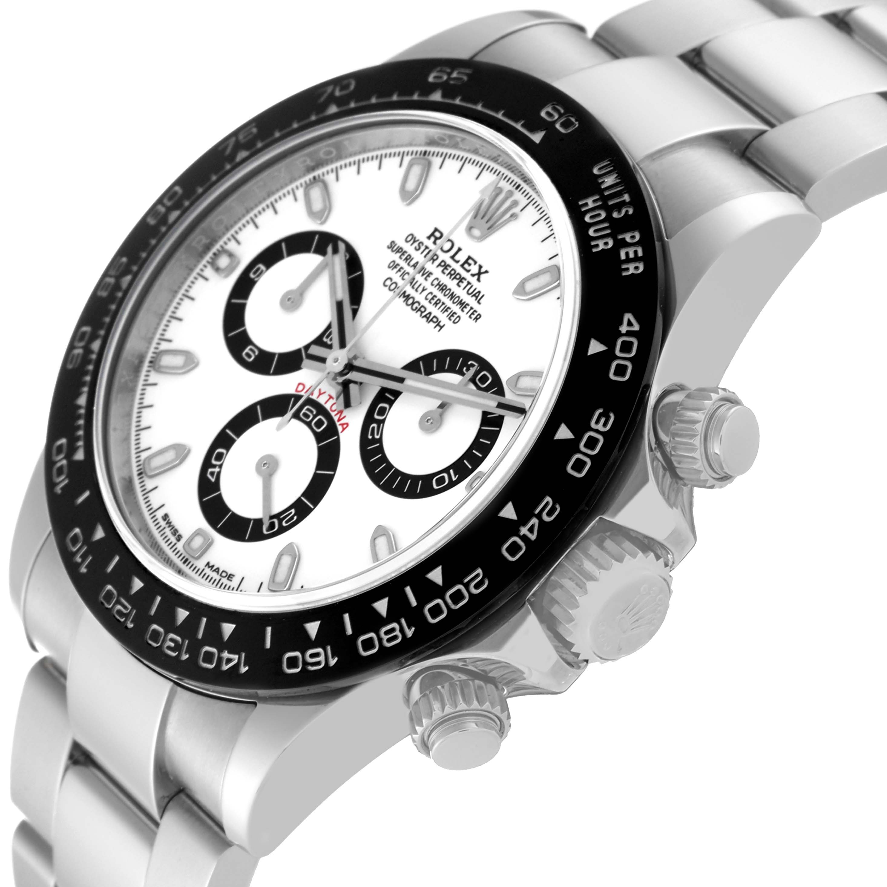 The image shows a side angle of a Rolex Daytona 116500LN-0001 Men's Stainless Steel White Dial 116500LN-0001 Men's Stainless Steel White Dial watch, highlighting its dial, bezel, and buttons.