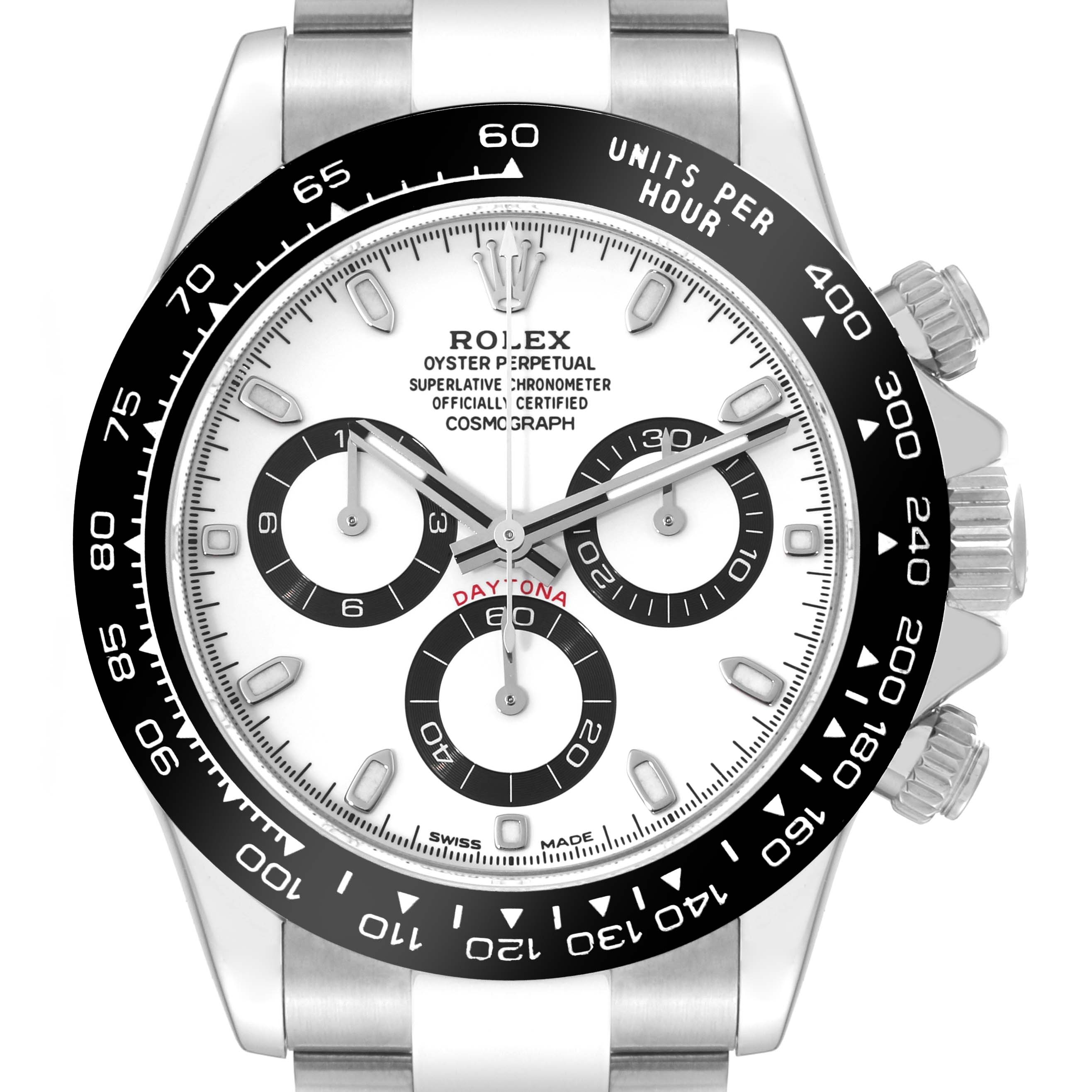 The image shows the front view of a Rolex Daytona 116500LN-0001 Men's Stainless Steel White Dial 116500LN-0001 Men's Stainless Steel White Dial watch, featuring its dial, sub-dials, and bezel.
