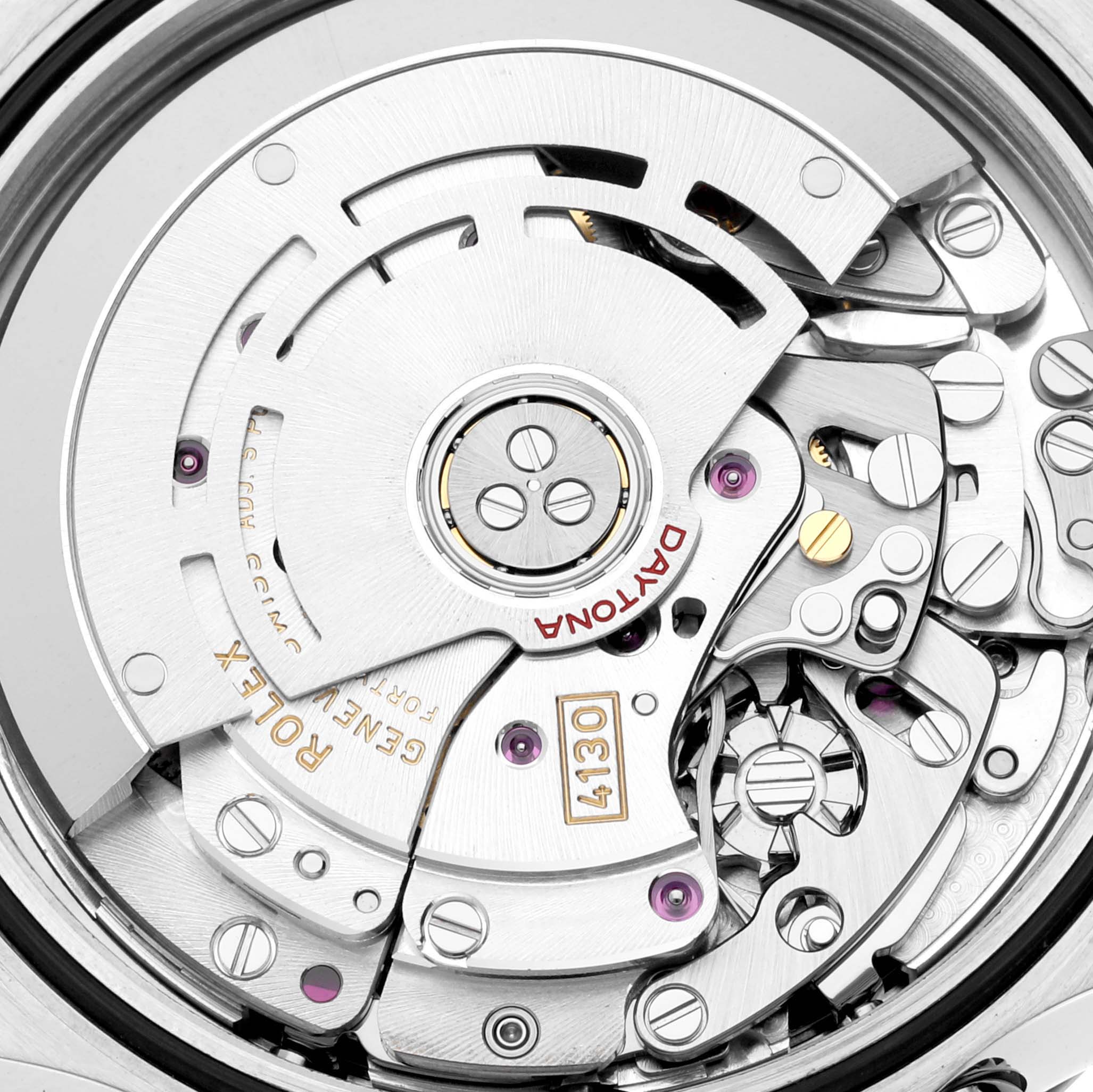 This image shows the inner mechanical movement of a Rolex Daytona 116500LN-0001 Men's Stainless Steel White Dial 116500LN-0001 Men's Stainless Steel White Dial watch, highlighting its intricate components and craftsmanship.