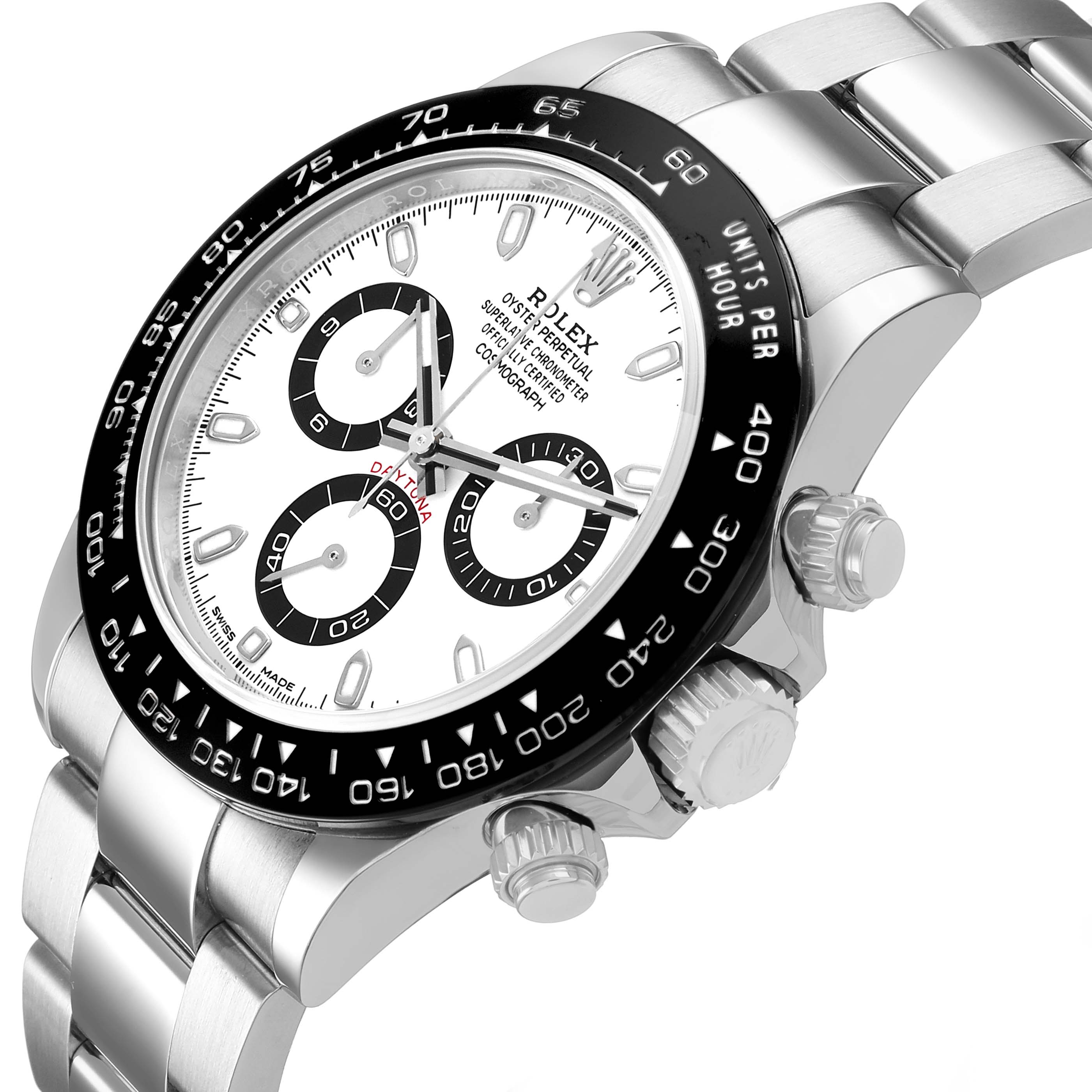 The Rolex Daytona 116500LN Men's Stainless Steel Yellow Dial watch is shown at a three-quarter angle, highlighting the dial, bezel, and crown.