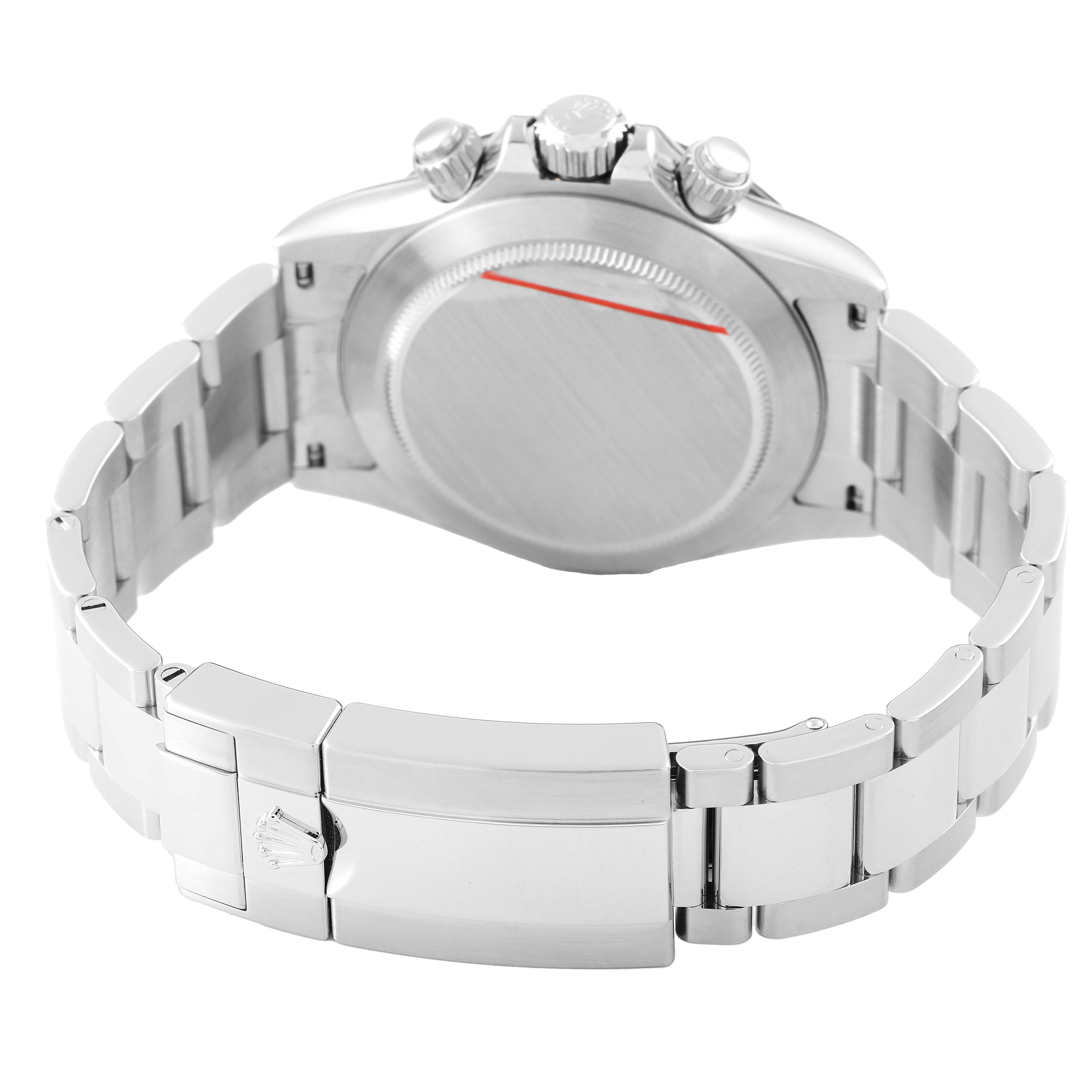 The image shows the back view of a Rolex Daytona 116500LN Men's Stainless Steel Yellow Dial watch, highlighting the bracelet and clasp.