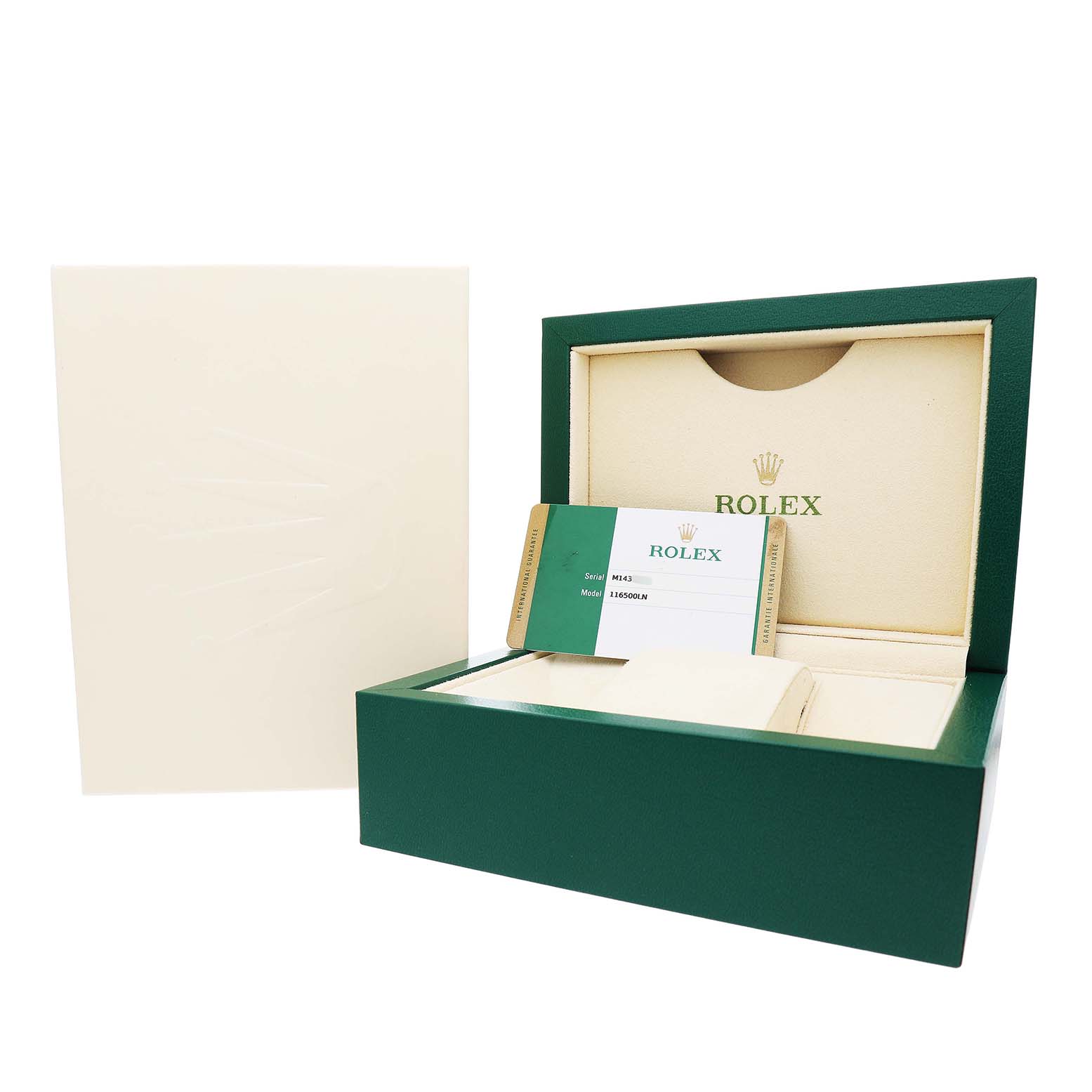 The image shows the open green box of a Rolex Daytona 116500LN Men's Stainless Steel Yellow Dial watch with official paperwork inside.