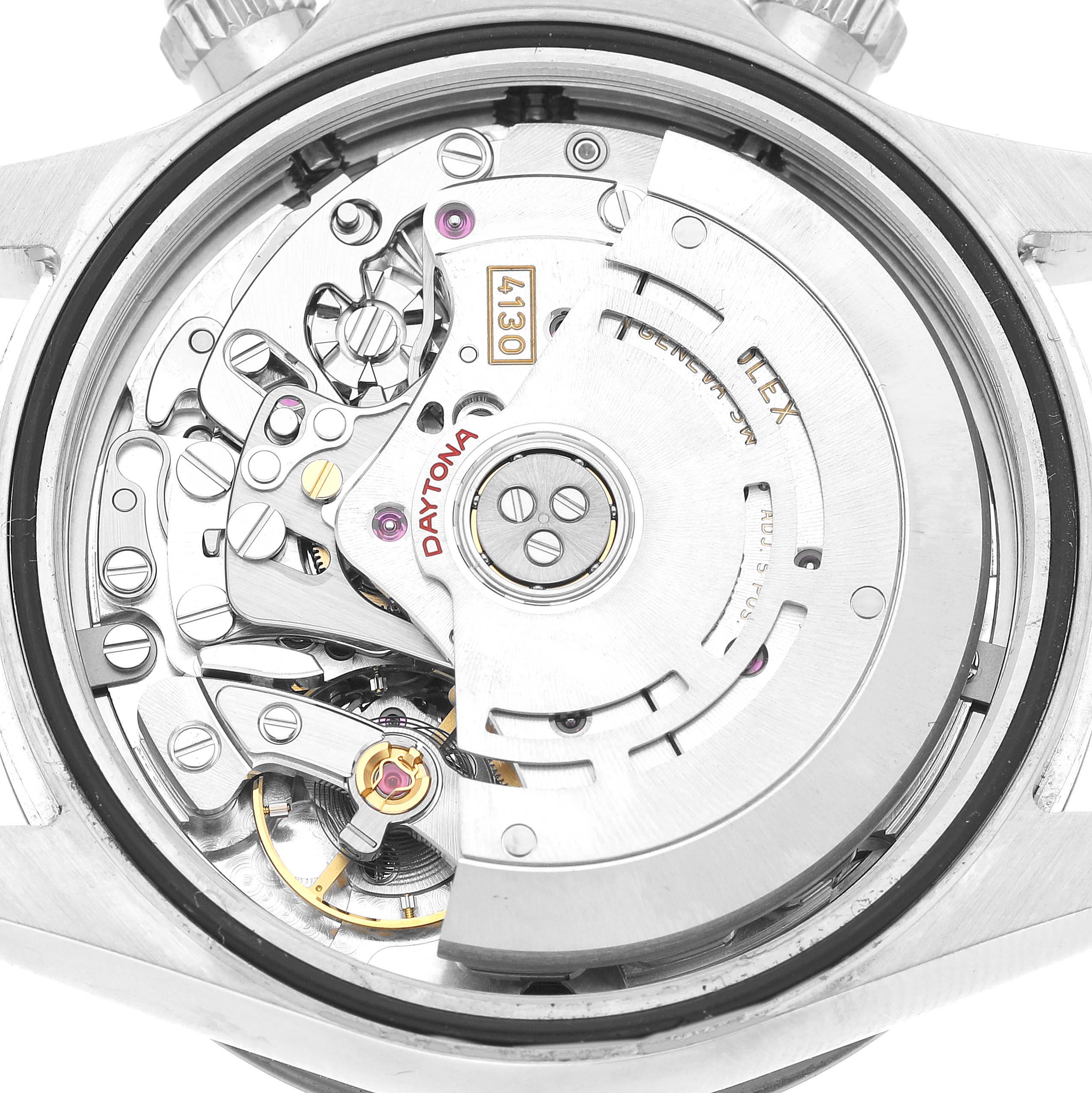 This image shows the movement mechanism of a Rolex Daytona 116500LN Men's Stainless Steel Yellow Dial watch from a back angle, highlighting its intricate components.