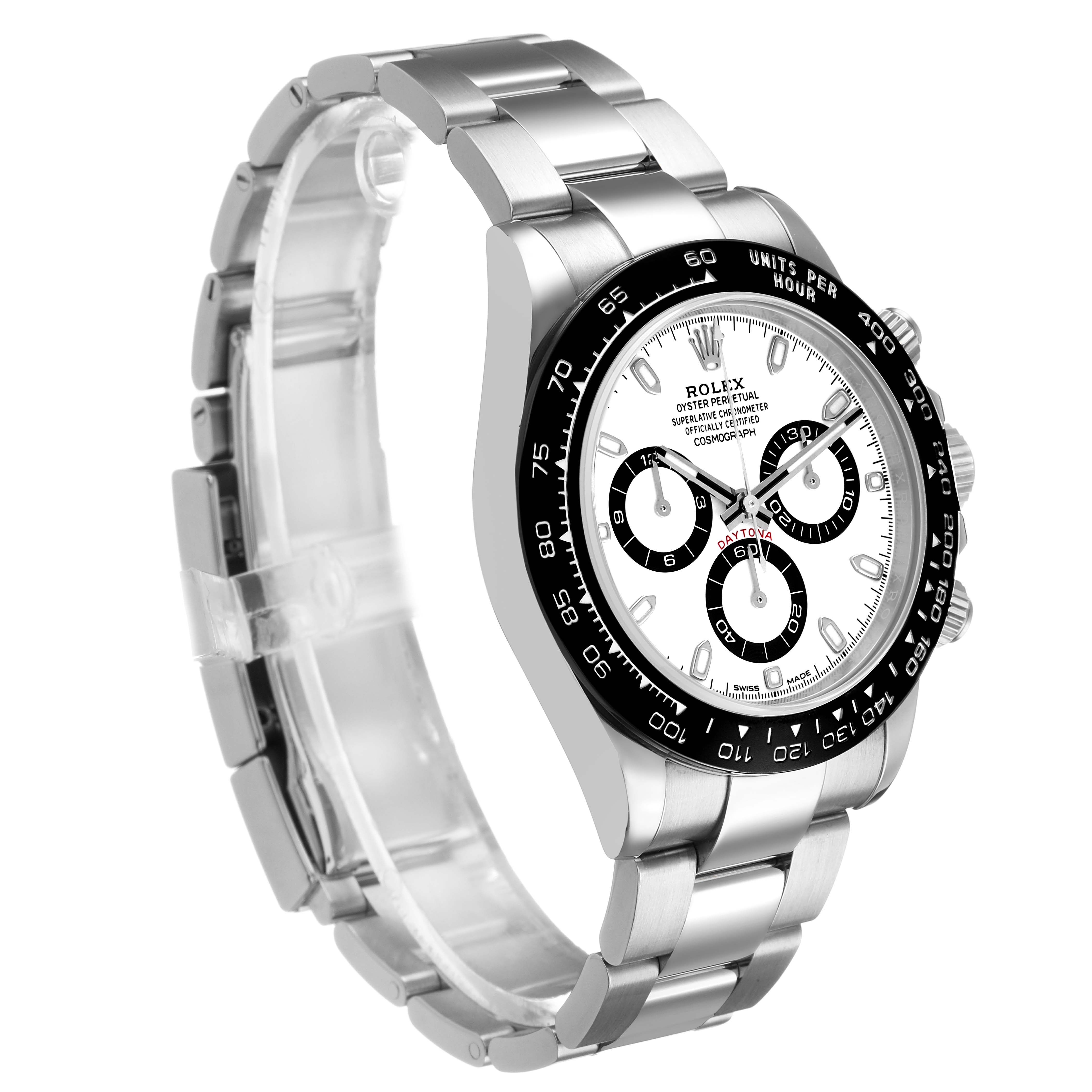 The Rolex Daytona 116500LN Men's Stainless Steel Yellow Dial watch is shown from a three-quarter angle, highlighting the face, bezel, and bracelet.