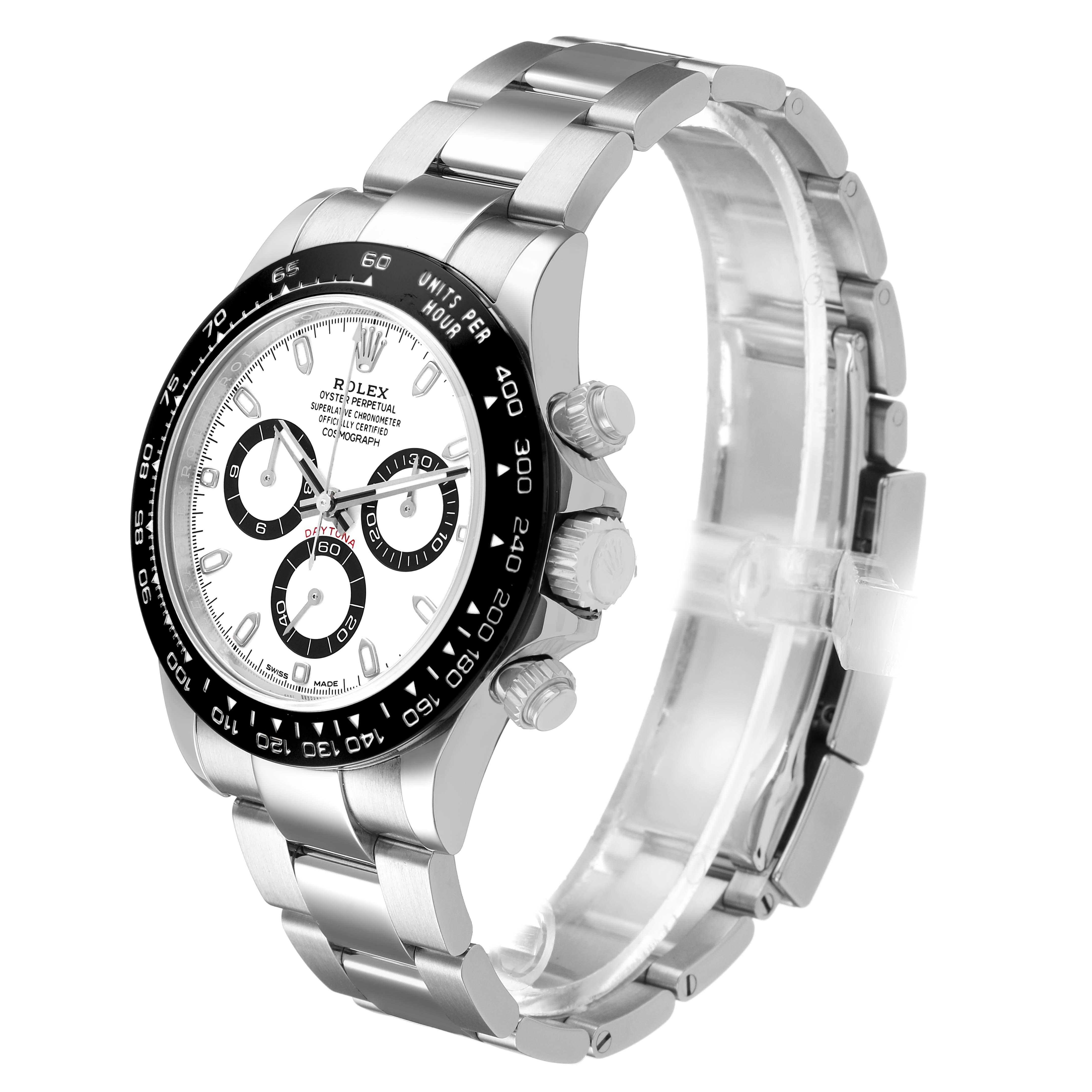 The Rolex Daytona 116500LN Men's Stainless Steel Yellow Dial watch is shown at a three-quarter angle, displaying the bezel, dial, pushers, and bracelet.