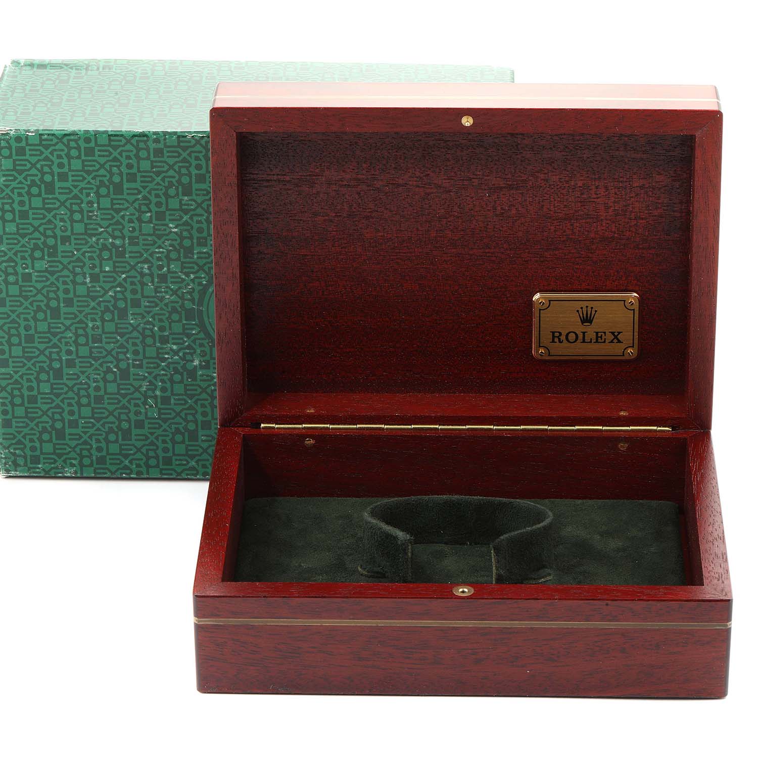 The image shows an open wooden Rolex Daytona 16523 Men
s Steel and Gold (two tone) Champagne Dial 16523 Men
s Steel and Gold (two tone) Champagne Dial watch box with a green outer box.