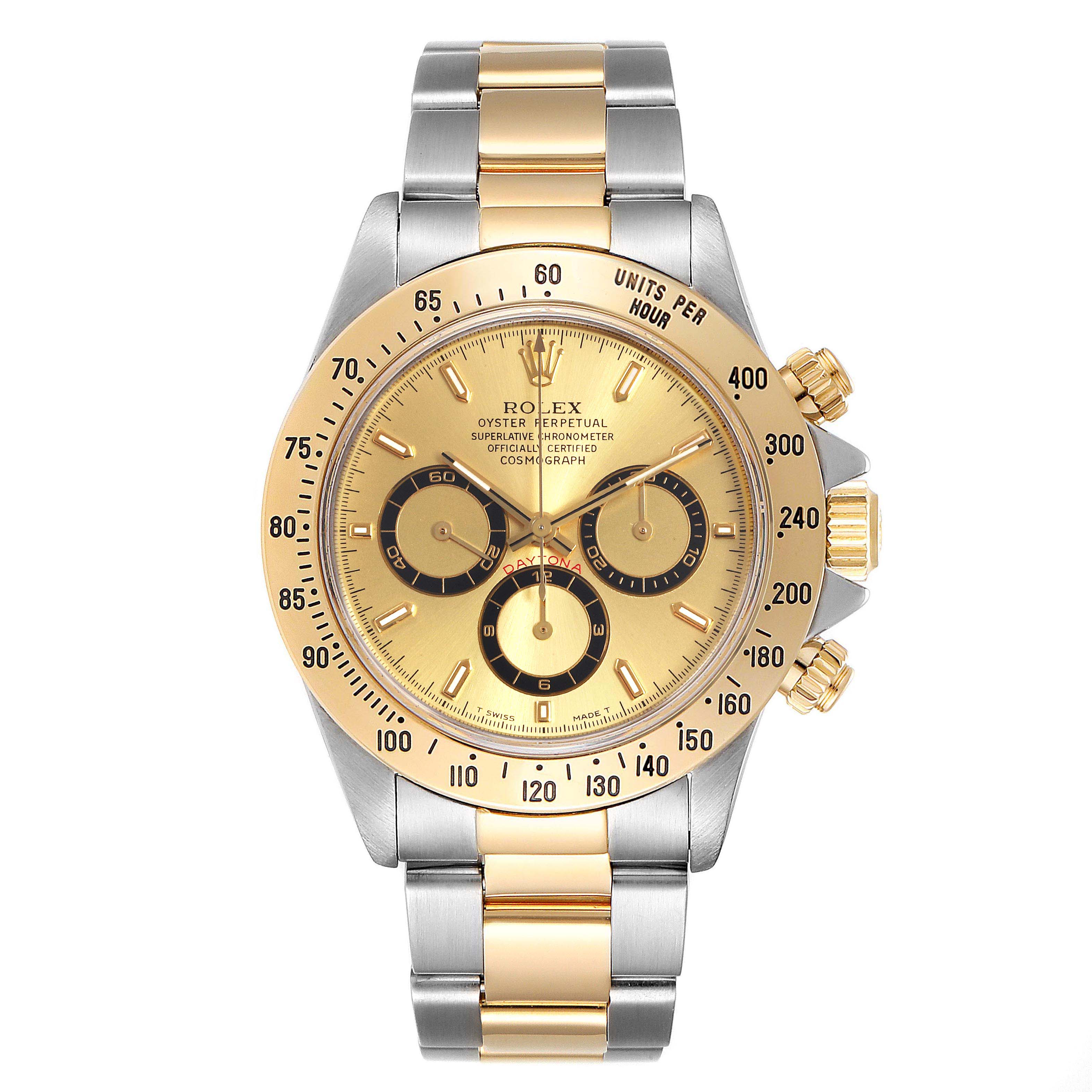 The image shows a front view of a Rolex Daytona 16523 Men
s Steel and Gold (two tone) Champagne Dial 16523 Men
s Steel and Gold (two tone) Champagne Dial watch, highlighting the dial, bezel, crown, and bracelet.