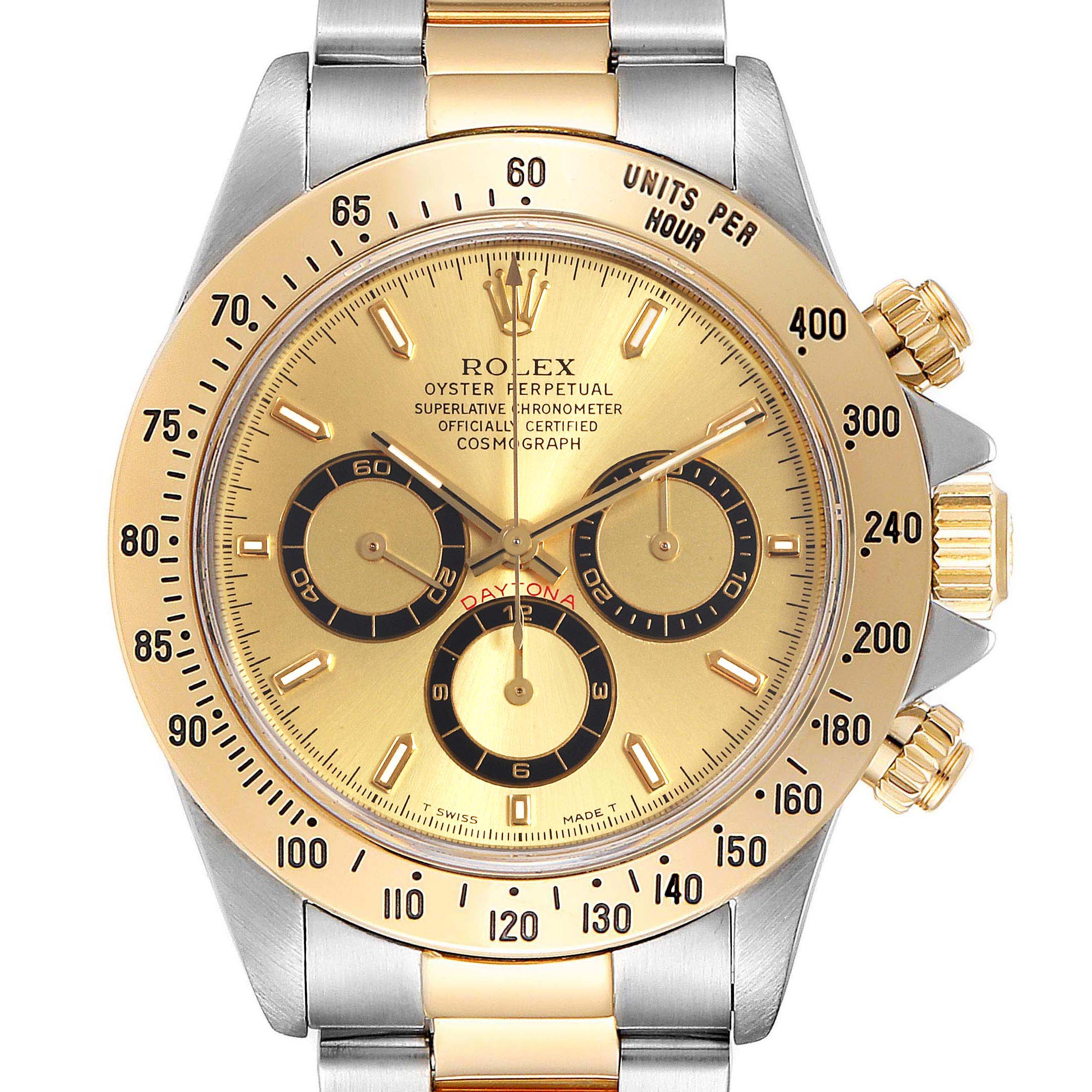 The image shows a frontal view of the Rolex Daytona 16523 Men
s Steel and Gold (two tone) Champagne Dial 16523 Men
s Steel and Gold (two tone) Champagne Dial watch, displaying the dial, bezel, sub-dials, and part of the bracelet.