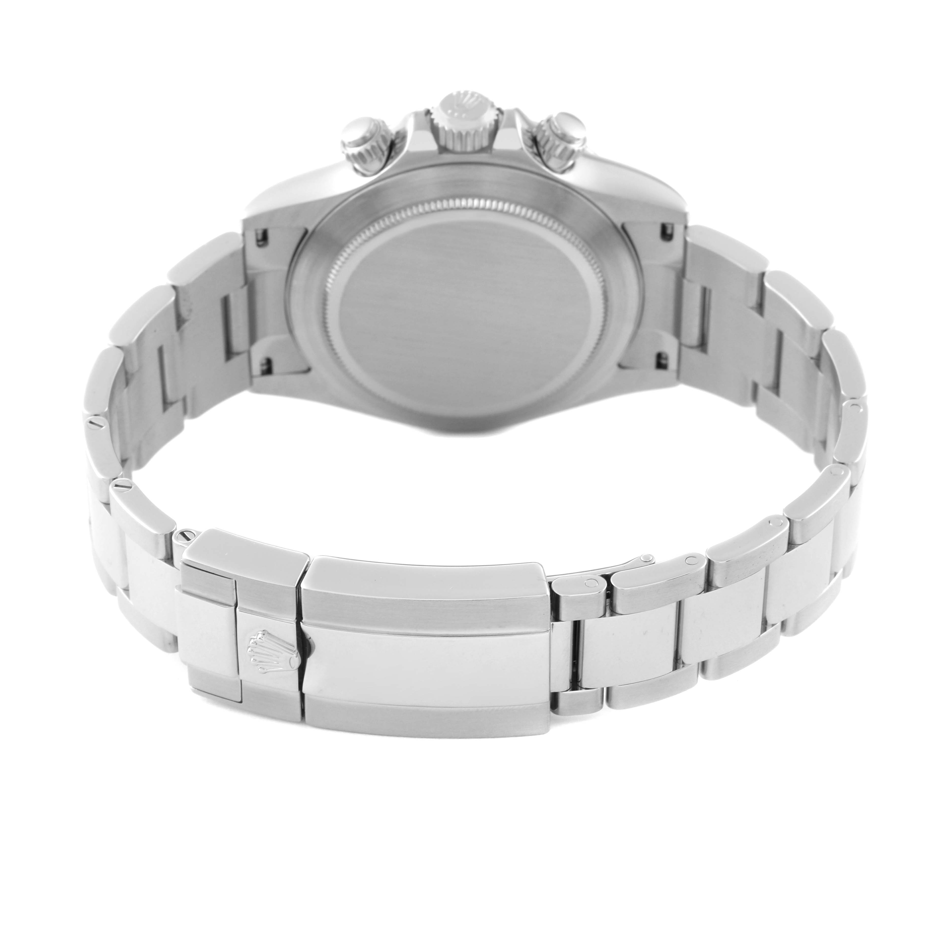 The image shows the back view of a Rolex Daytona 116520 Men's Stainless Steel White Dial 116520 Men's Stainless Steel White Dial watch, highlighting its case back, bracelet, and clasp.