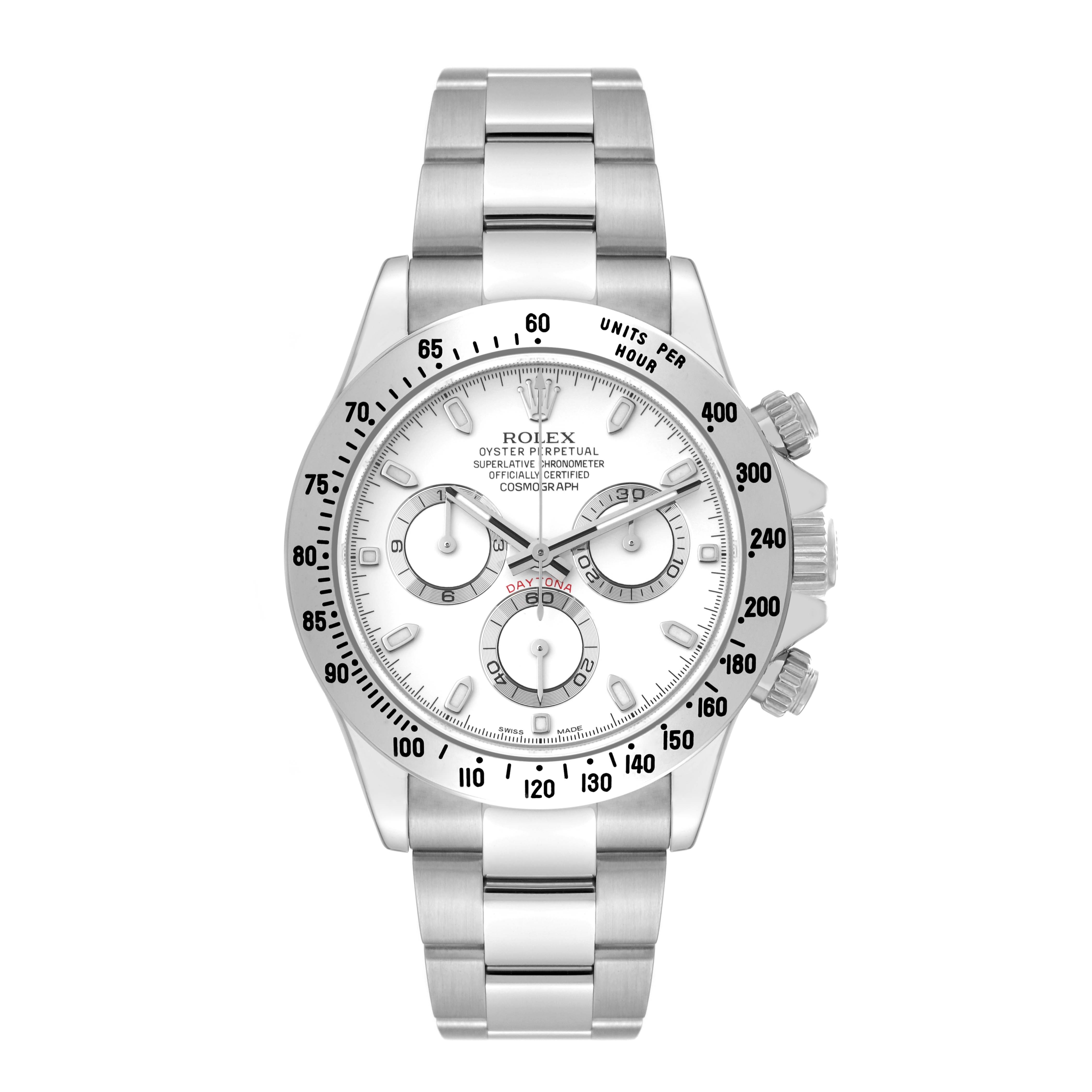 The image shows a front view of a Rolex Daytona 116520 Men's Stainless Steel White Dial 116520 Men's Stainless Steel White Dial watch model, displaying its dial, bezel, and bracelet.