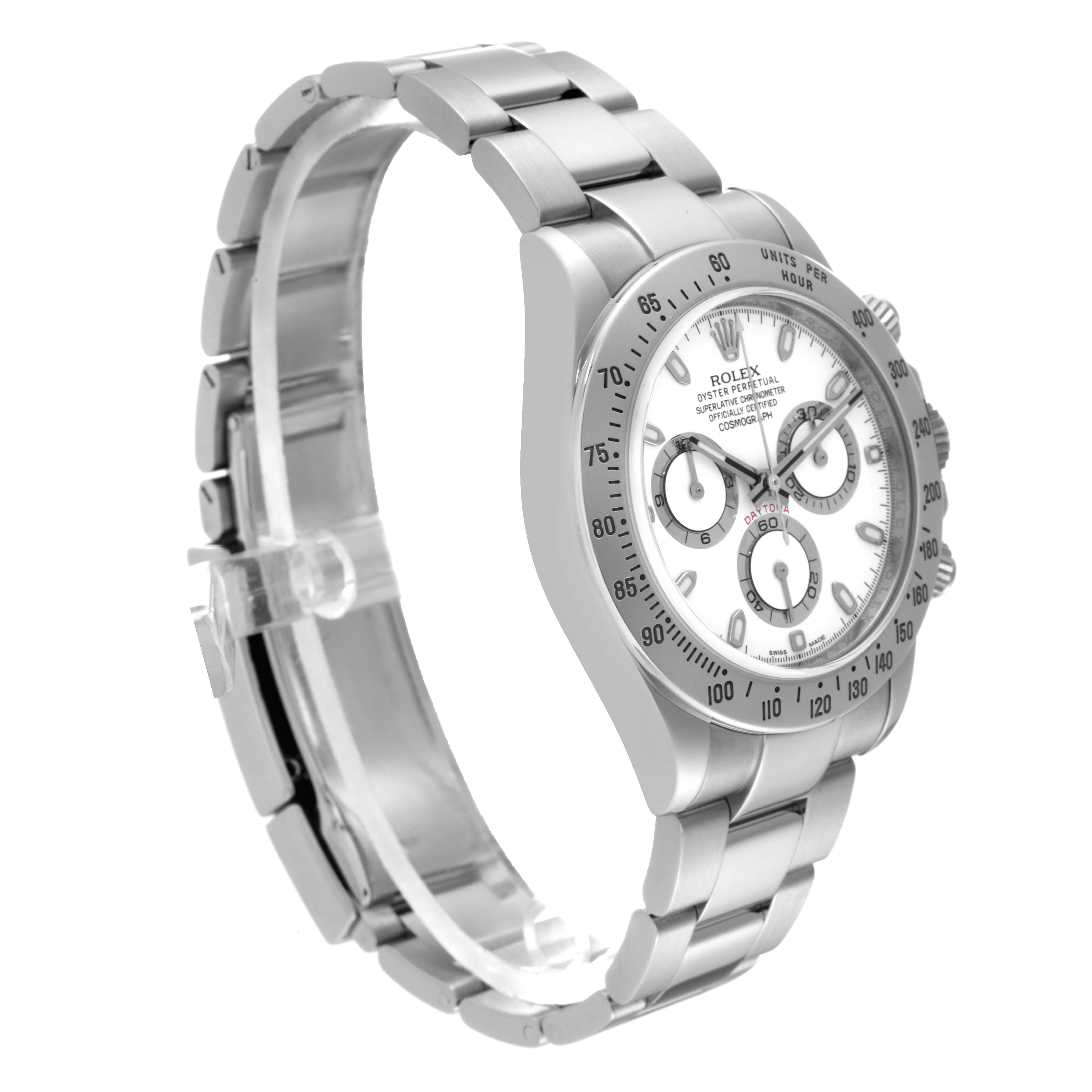 This image shows a side view of a Rolex Daytona 116520 Men's Stainless Steel White Dial 116520 Men's Stainless Steel White Dial watch, highlighting the bracelet and case.