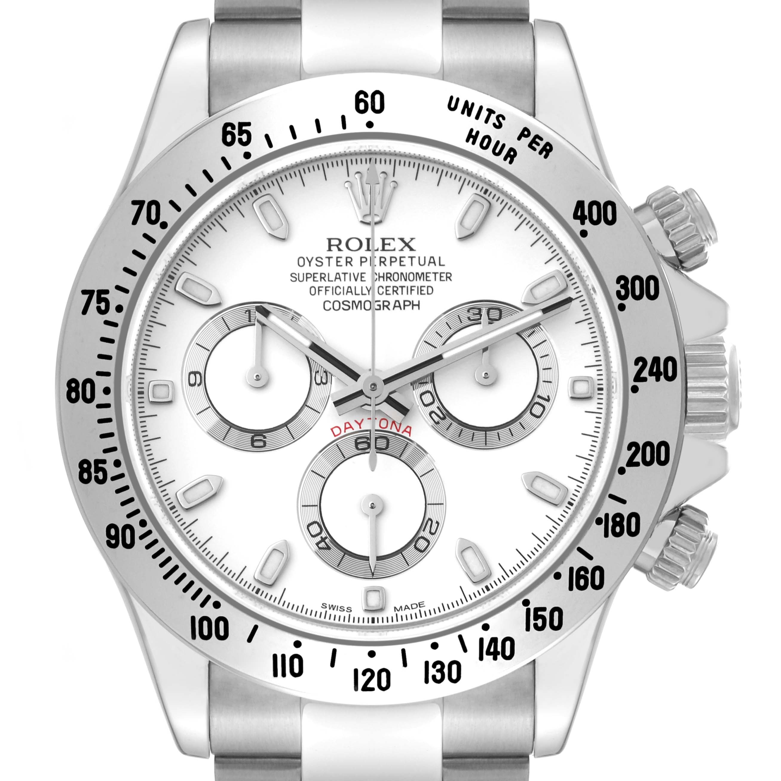 The image shows a close-up of the Rolex Daytona 116520 Men's Stainless Steel White Dial 116520 Men's Stainless Steel White Dial watch face, bezel, and part of the bracelet, with the crown visible on the side.