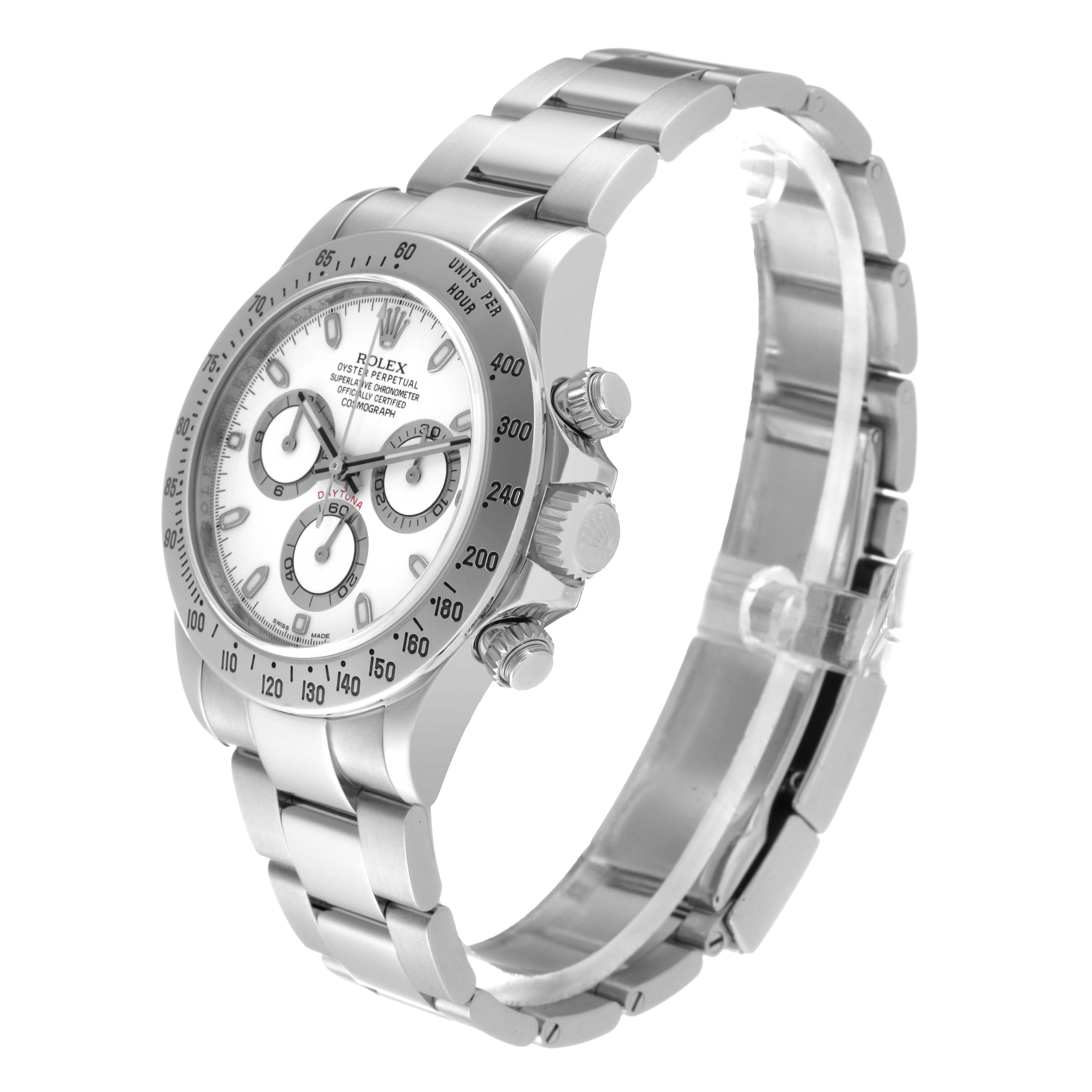 The Rolex Daytona 116520 Men's Stainless Steel White Dial 116520 Men's Stainless Steel White Dial watch is shown at a three-quarter angle, displaying its face, bezel, pushers, and bracelet.