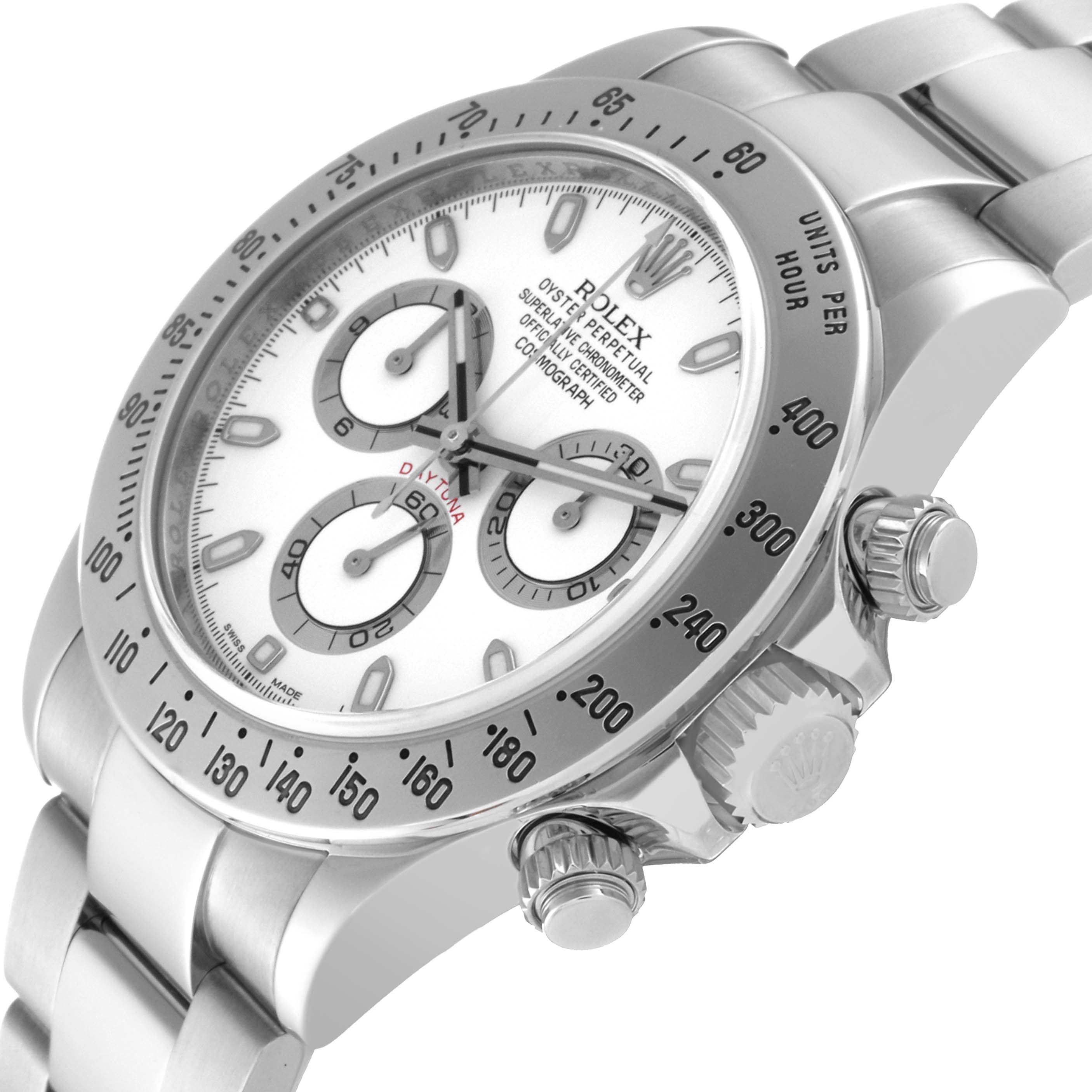 This image shows a Rolex Daytona 116520 Men's Stainless Steel White Dial 116520 Men's Stainless Steel White Dial watch at an oblique angle, highlighting the crown, bezel, and subdials on the face.