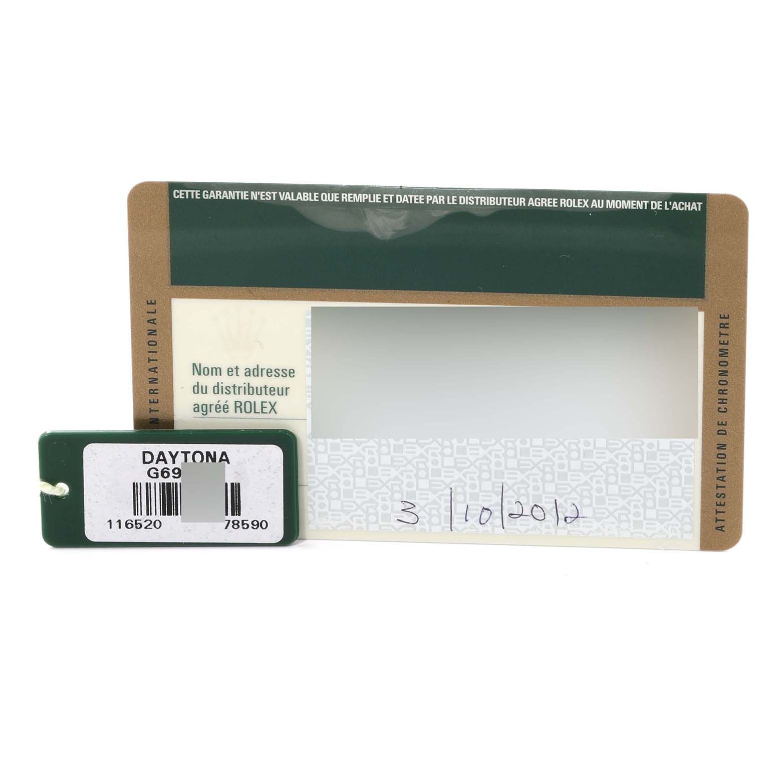 The image shows the warranty card and tag for a Rolex Daytona 116520 Men's Stainless Steel White Dial 116520 Men's Stainless Steel White Dial watch from a front view.