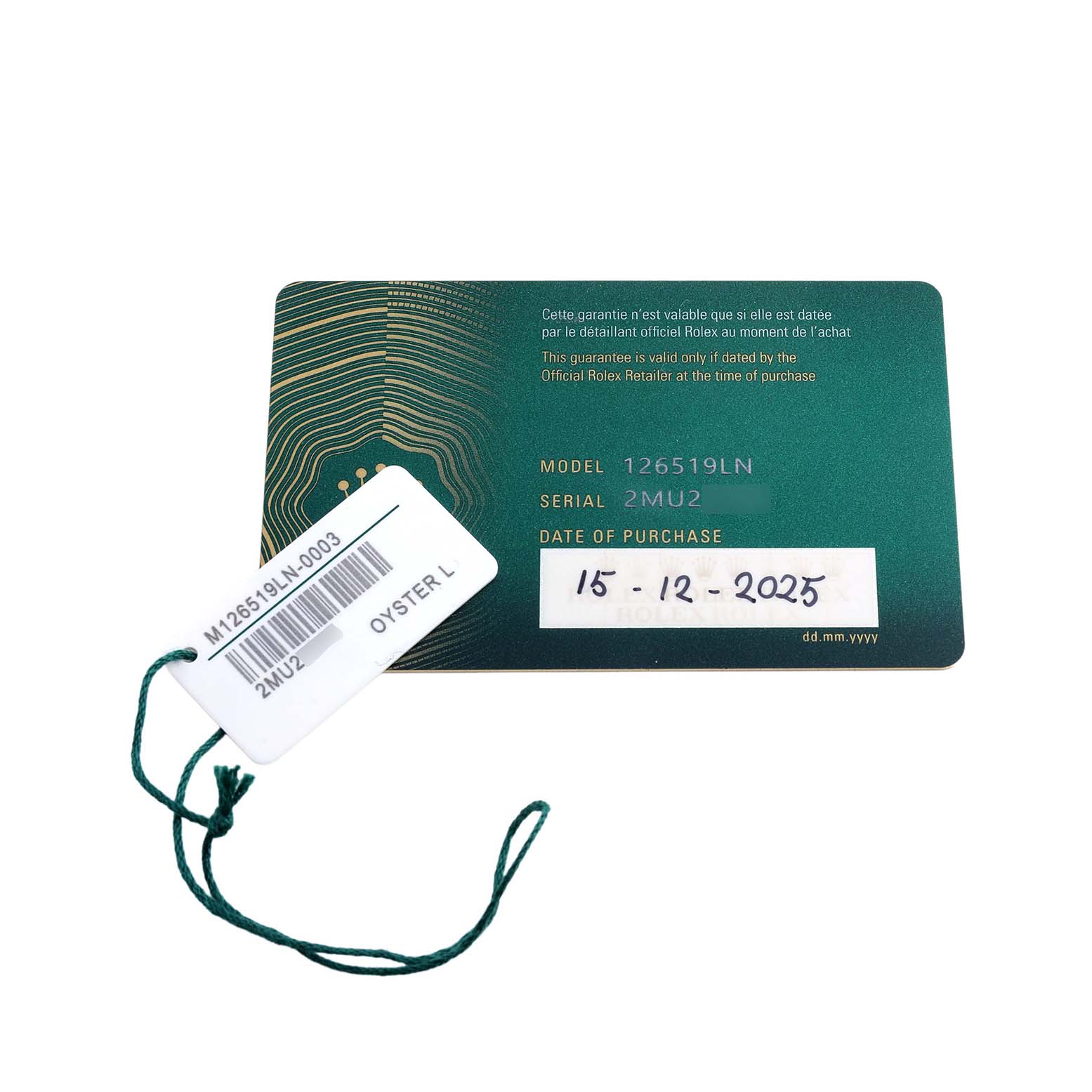 The image displays a Rolex Daytona 126519 Men's White Gold Black Dial model warranty card and a tag with details.