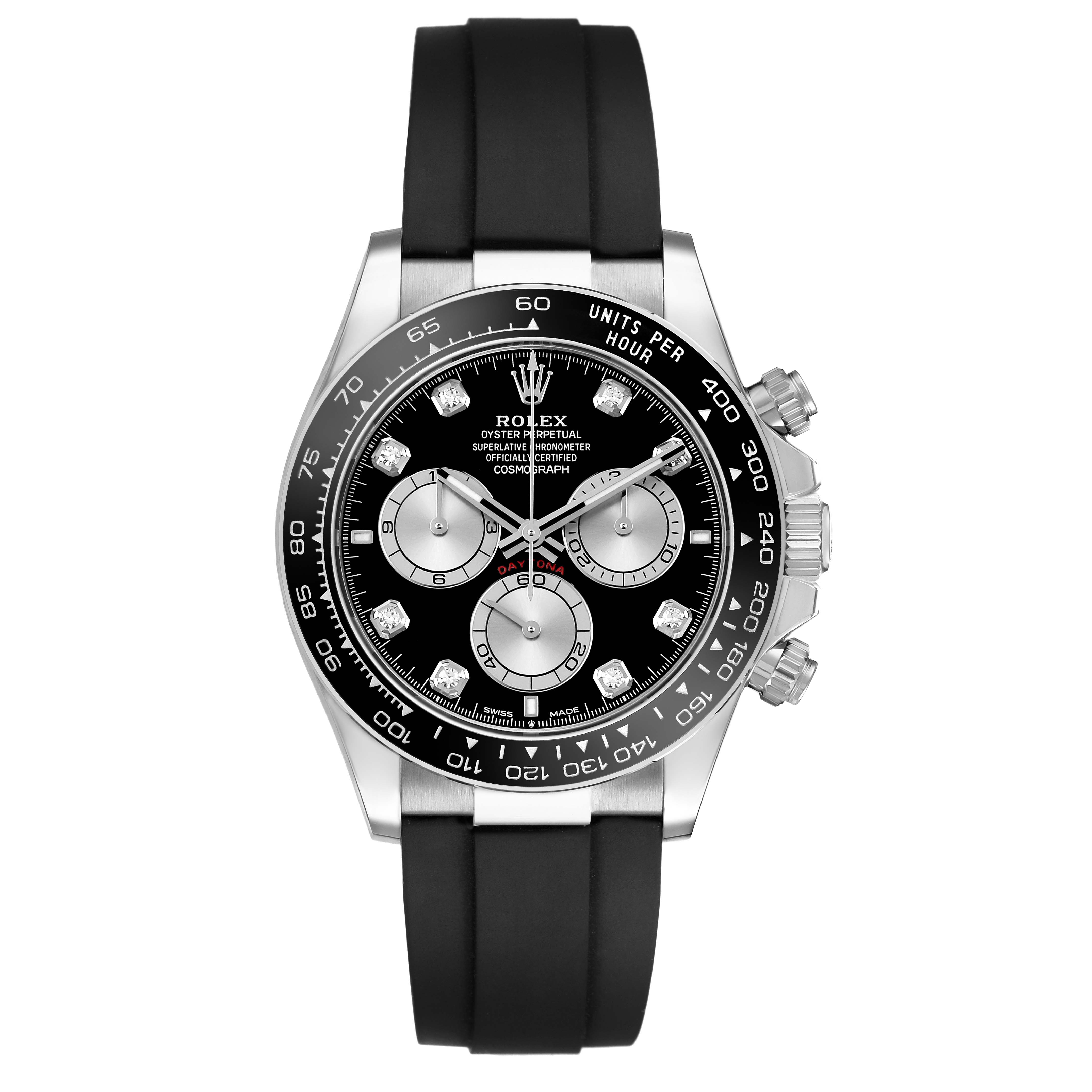 The Rolex Daytona 126519 Men's White Gold Black Dial watch is shown from a front view, highlighting its black dial, subdials, bezel, and black strap.