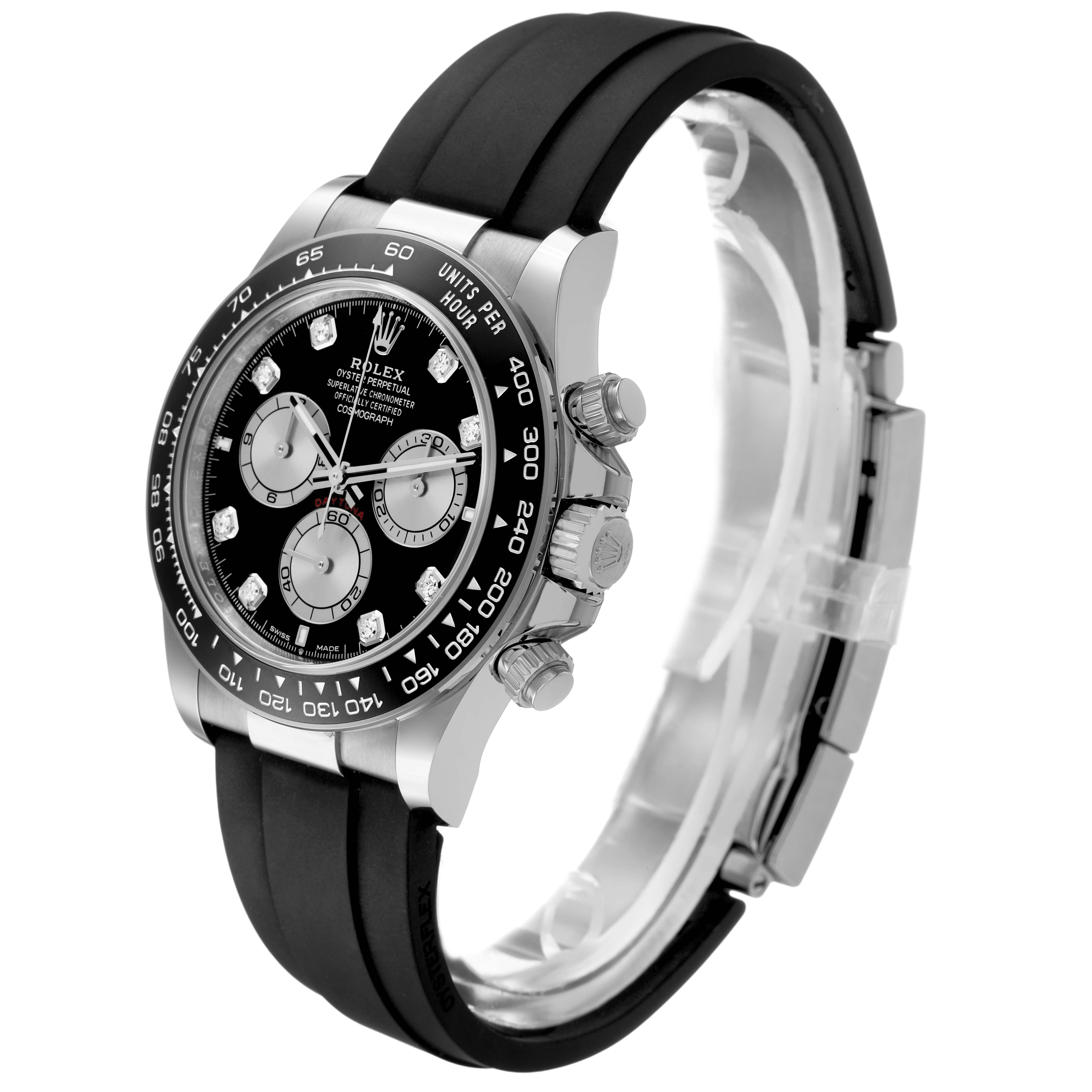 The Rolex Daytona 126519 Men's White Gold Black Dial watch is shown at a three-quarter angle, highlighting the face, bezel, crown, and strap.