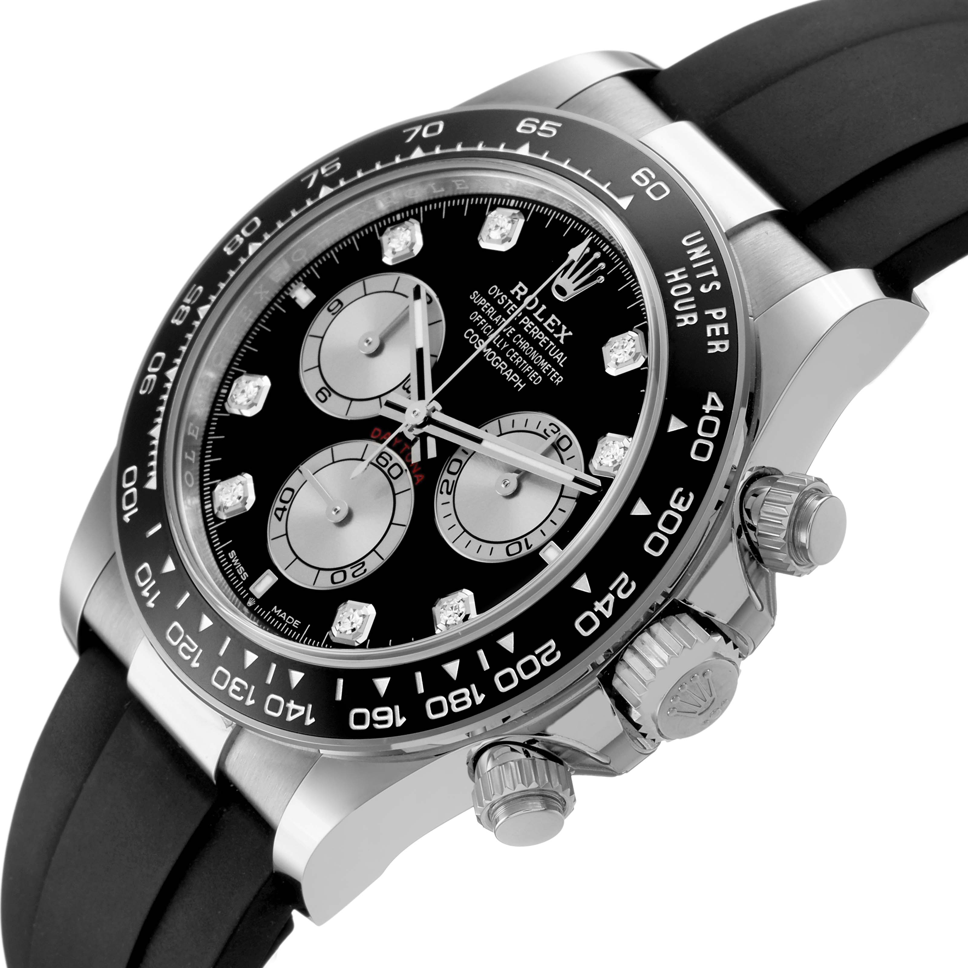 The Rolex Daytona 126519 Men's White Gold Black Dial watch is shown from a side angle, highlighting its black dial, chronograph subdials, bezel, and crown.