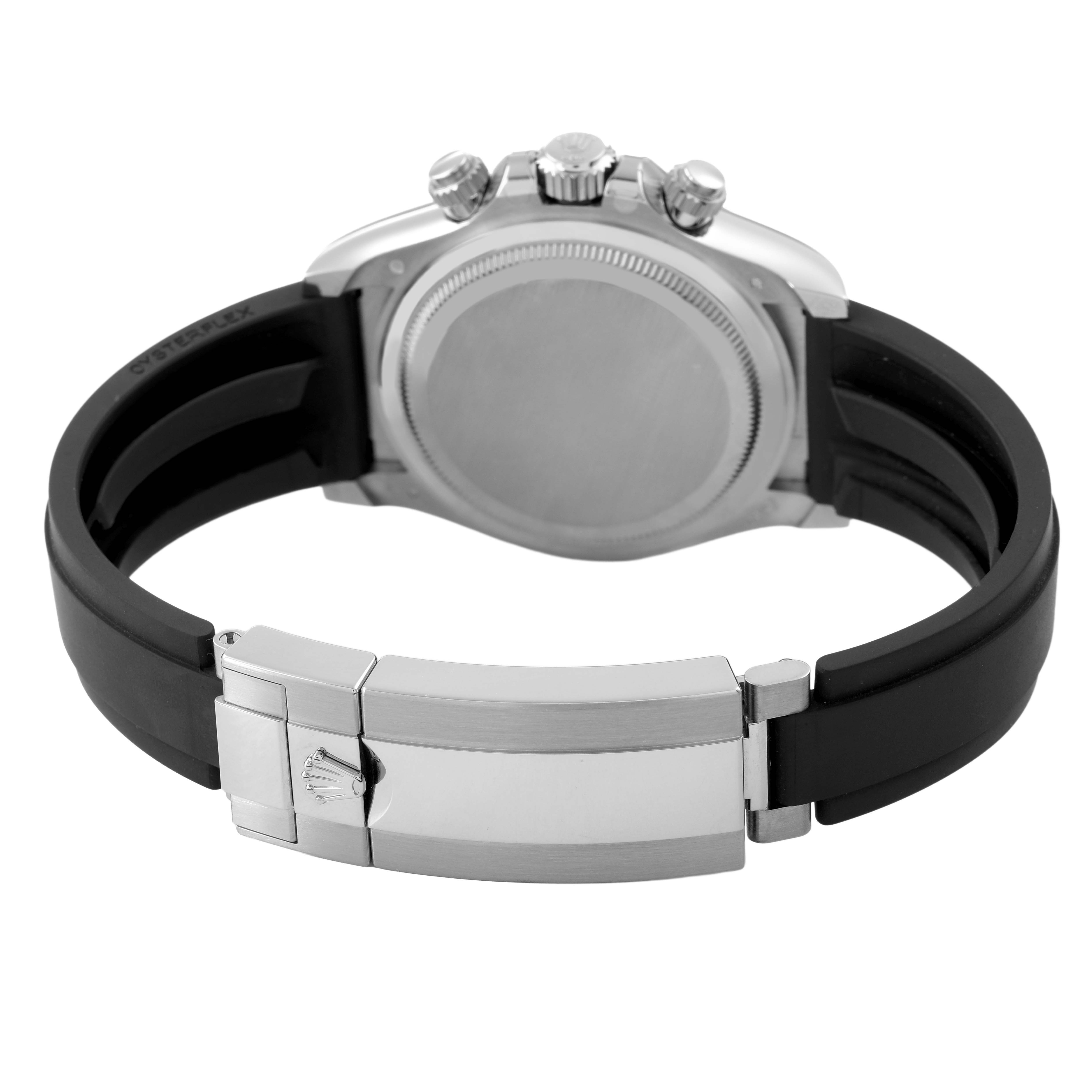 The image shows the back view of a Rolex Daytona 126519 Men's White Gold Black Dial watch, highlighting its bracelet and clasp.