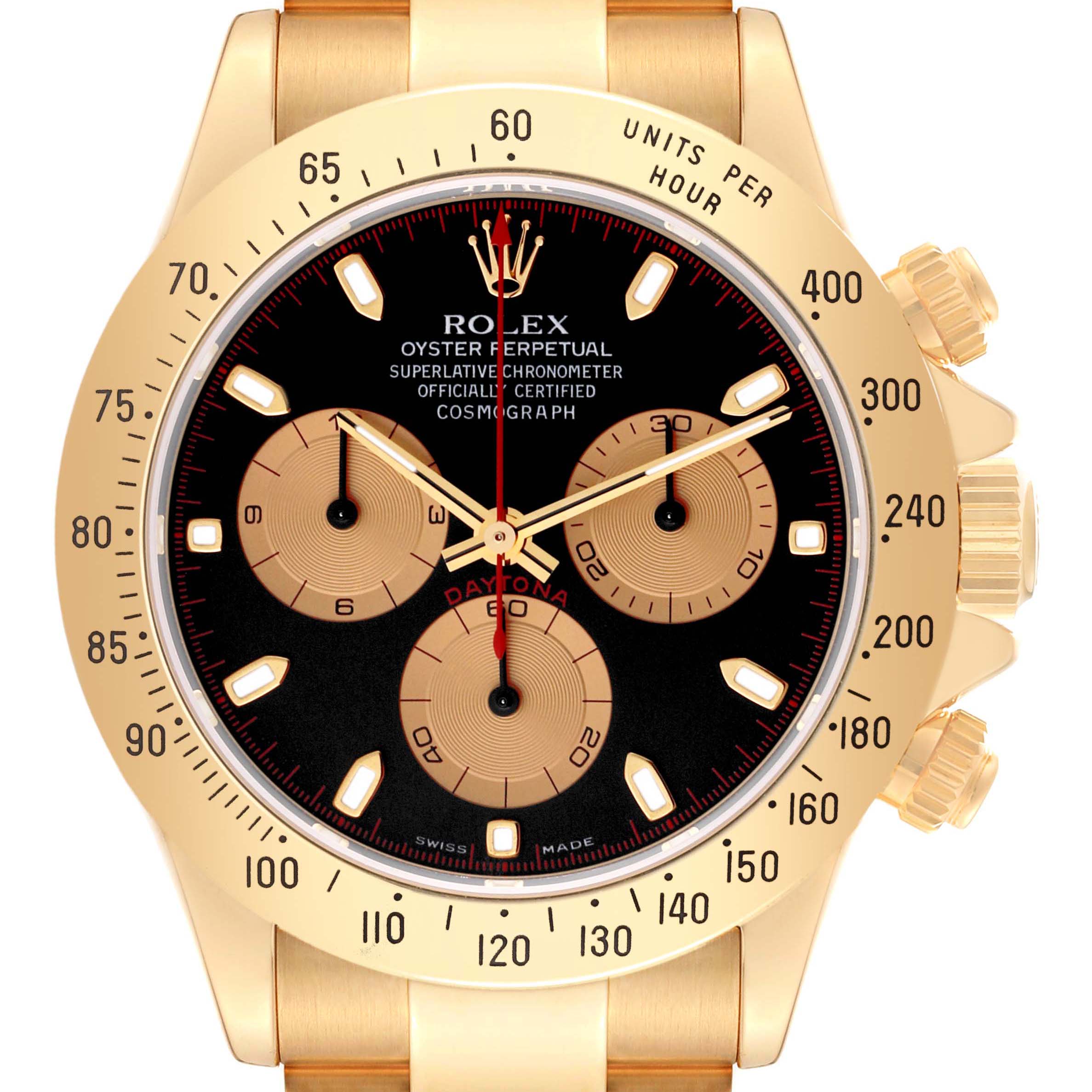This image shows a front view of a Rolex Daytona 116528 Men's Yellow Gold Black Dial 116528 Men's Yellow Gold Black Dial watch highlighting its dial, bezel, and chronograph sub-dials.