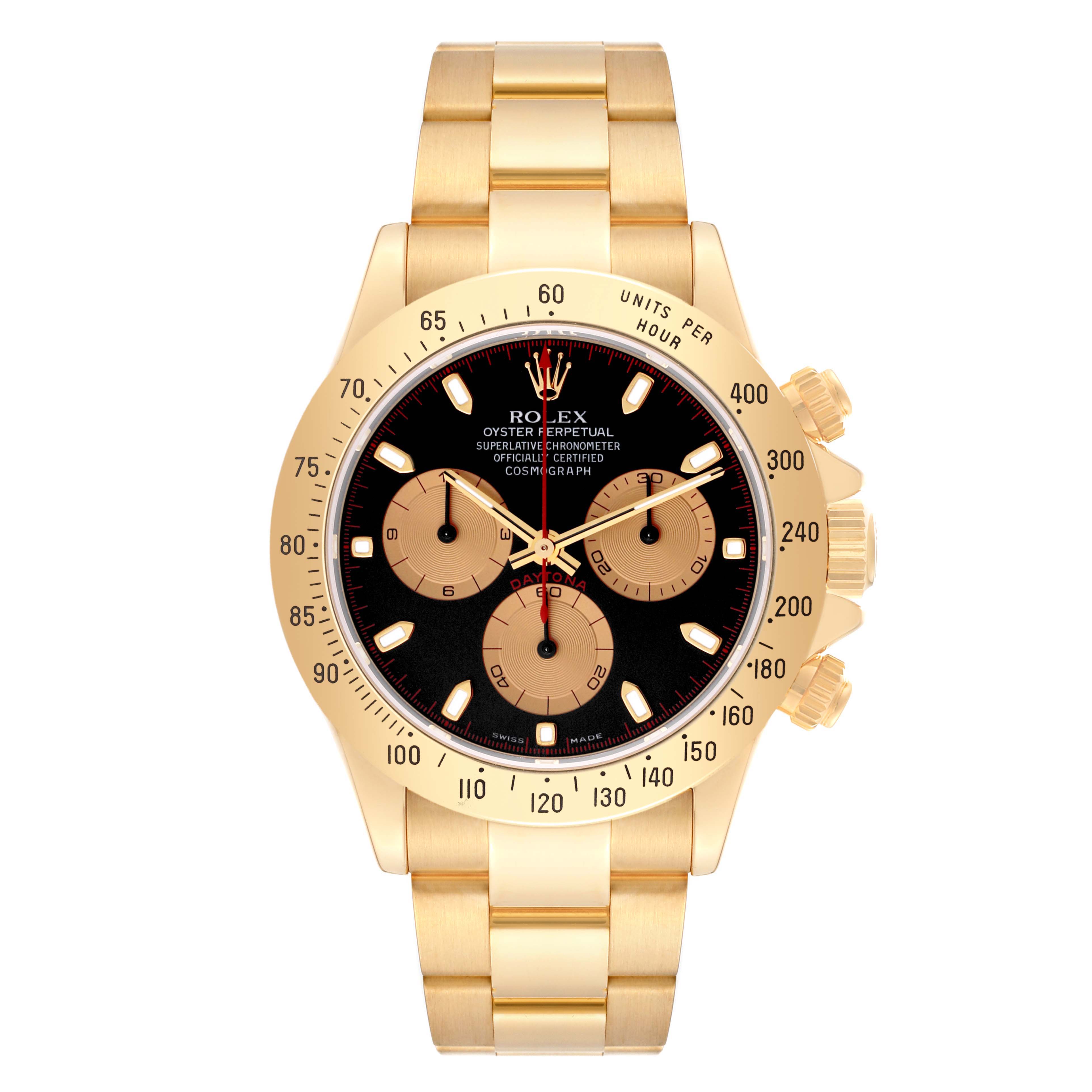 The Rolex Daytona 116528 Men's Yellow Gold Black Dial 116528 Men's Yellow Gold Black Dial watch is shown from a straight-on angle, displaying its dial, bezel, and bracelet.