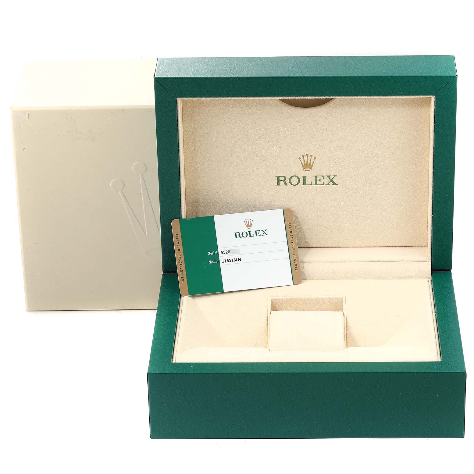 The image shows an open Rolex Daytona 116518 Men's Yellow Gold Black Dial 116518 Men's Yellow Gold Black Dial watch box with an authenticity card placed inside.