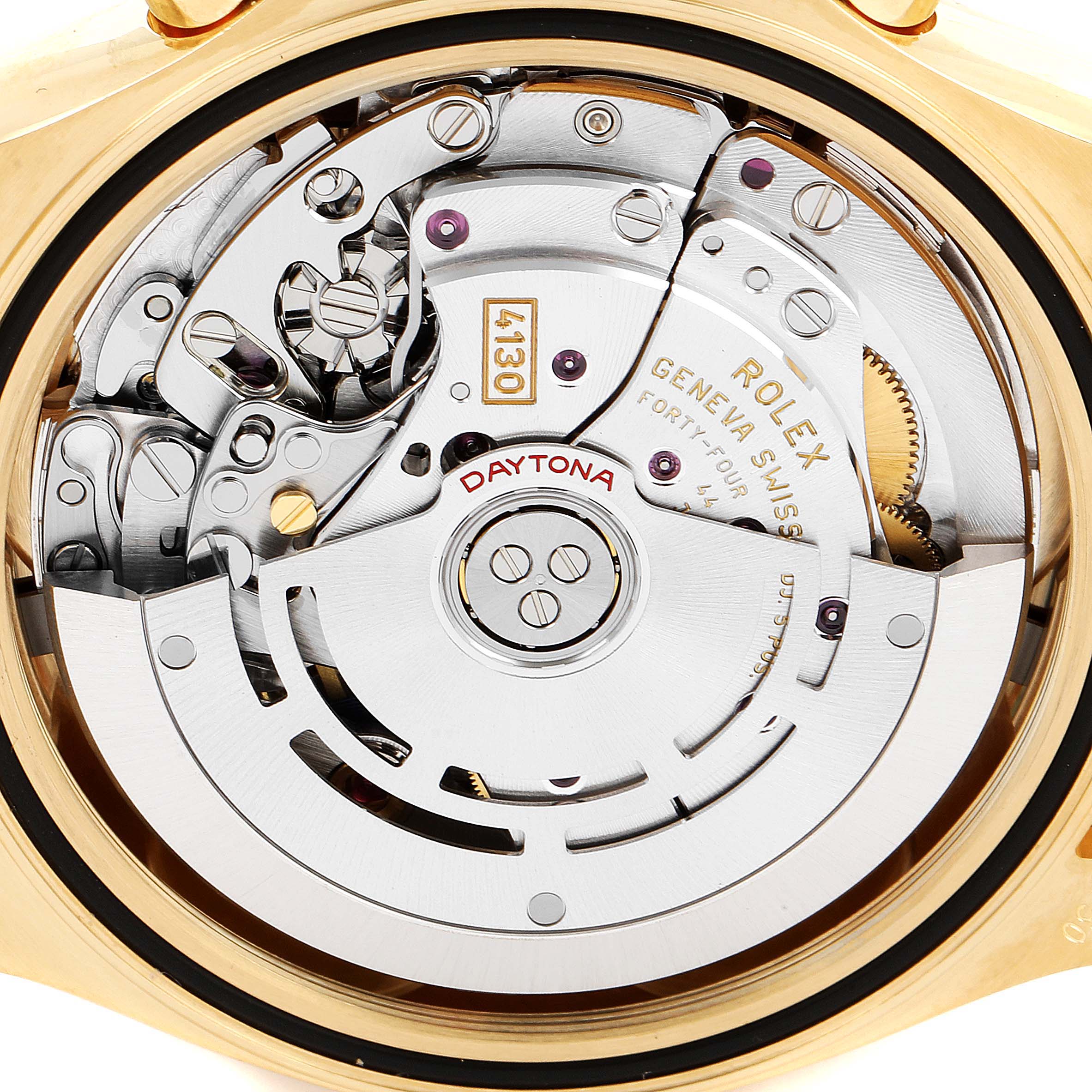 This image shows a detailed close-up view of the movement inside a Rolex Daytona 116518 Men's Yellow Gold Black Dial 116518 Men's Yellow Gold Black Dial watch.