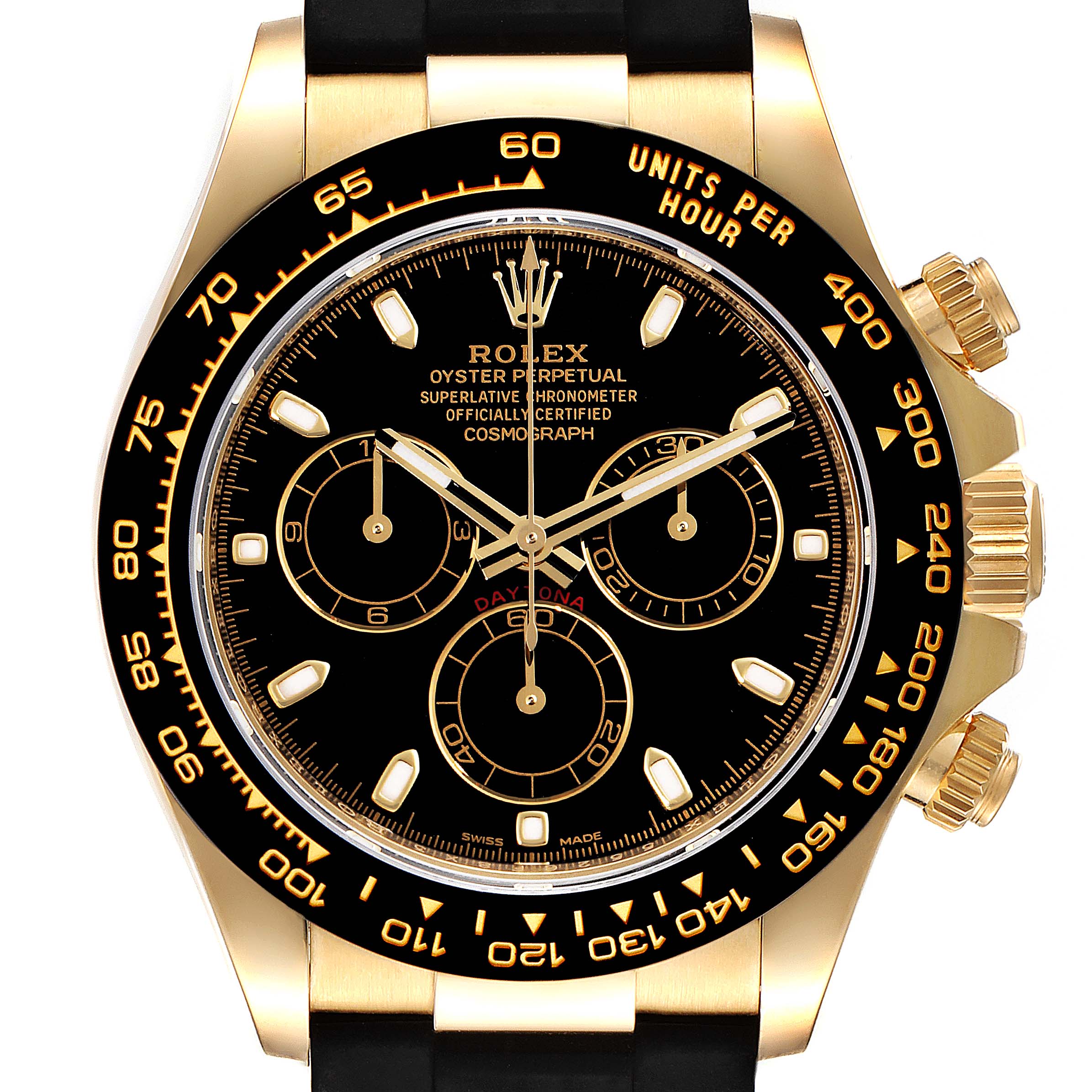 This image shows a frontal view of a Rolex Daytona 116518 Men's Yellow Gold Black Dial 116518 Men's Yellow Gold Black Dial watch, highlighting its black dial, gold case, and chronograph sub-dials.