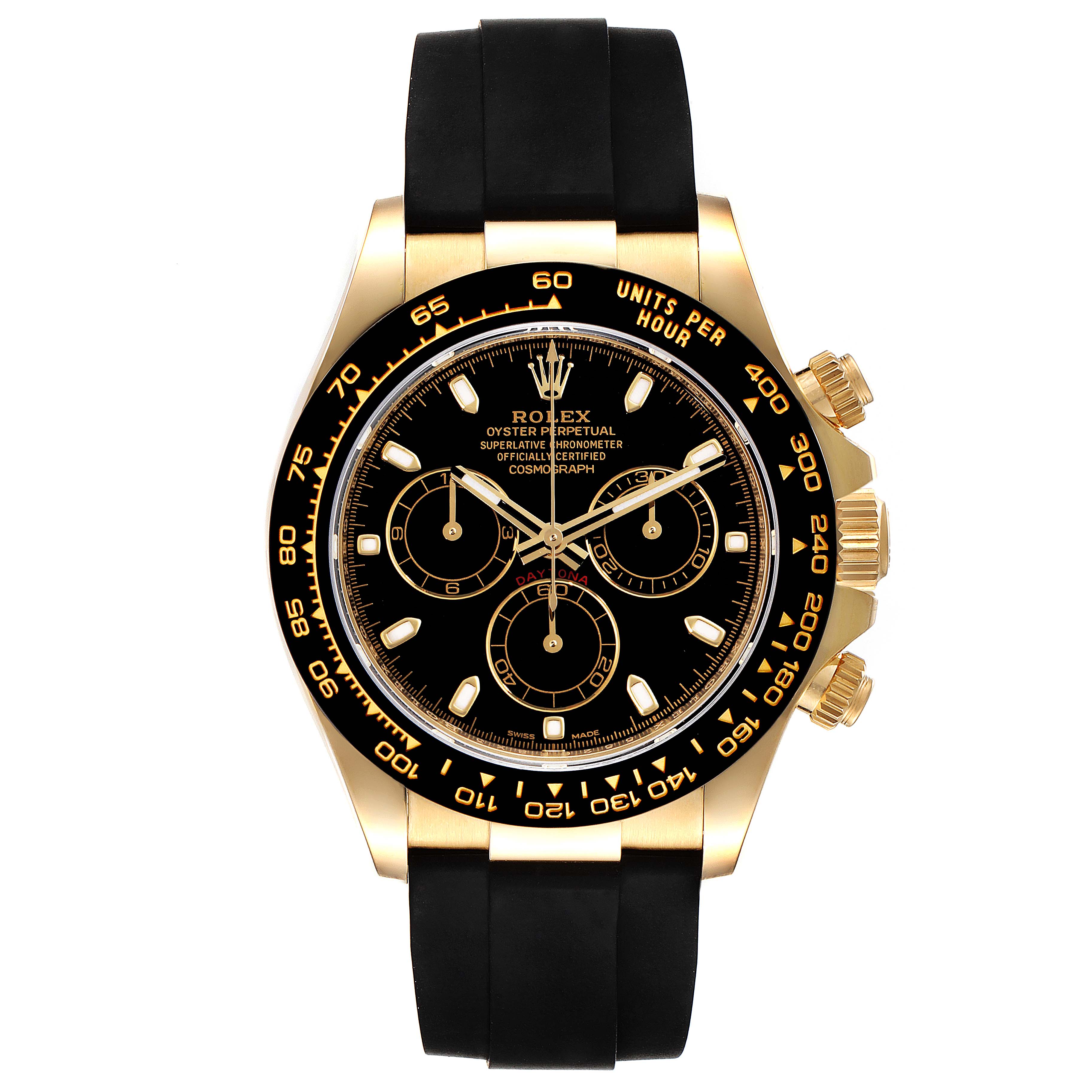 Rolex Daytona Yellow Gold Ceramic Bezel Rubber Strap Watch 116518 Box ...